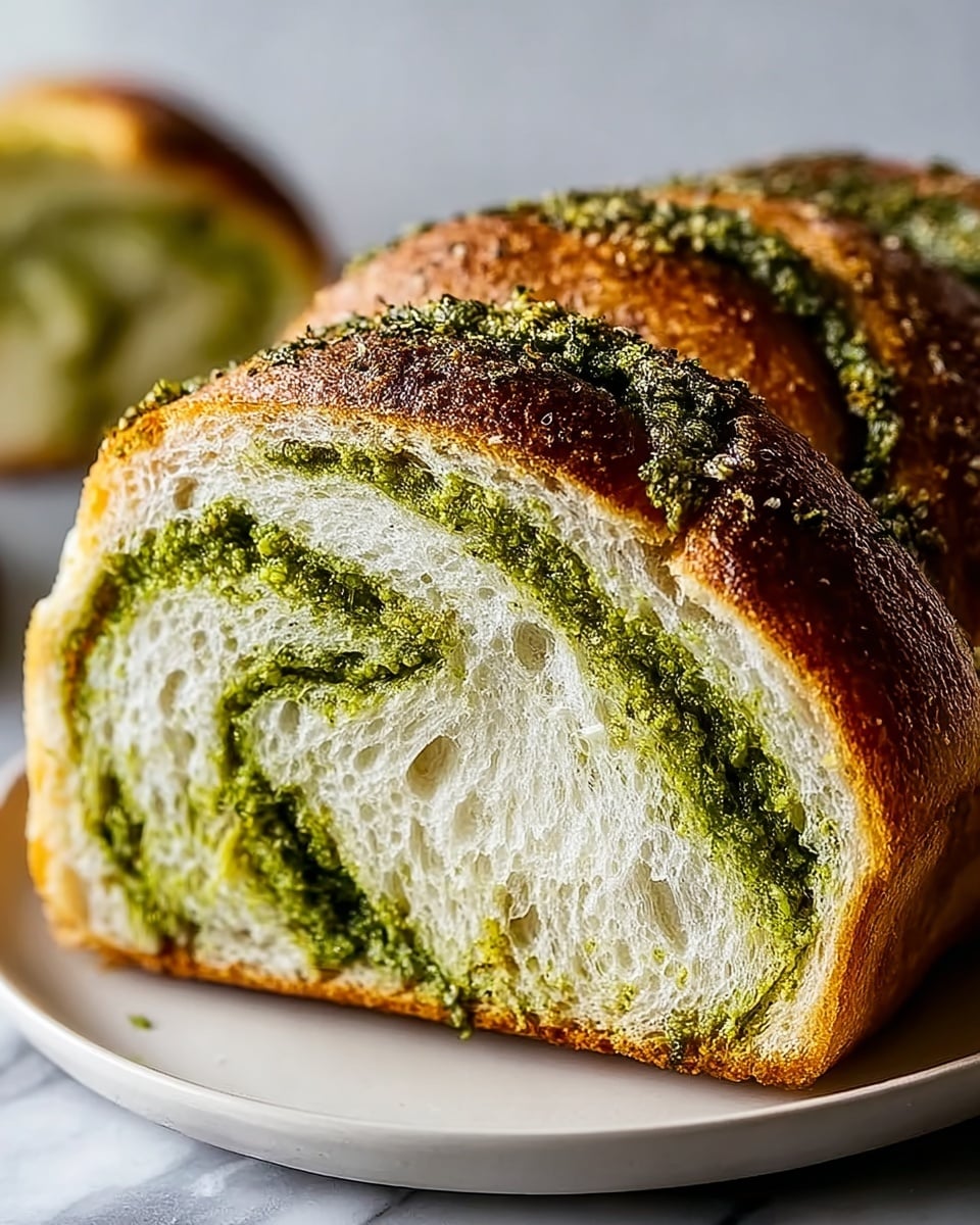 A close-up image of a sliced loaf of bread on a white plate, placed on a light wooden surface with a white marbled texture background. The bread has one visible slice showing two layers: the outer crust is golden brown with a slightly rough texture and darker brown edges, while the inside is soft and light beige with green swirls of pesto evenly spread throughout, adding a marbled look. The top of the loaf has fine green herb and crushed nut sprinkles. Photo taken with an iphone --ar 4:5 --v 7