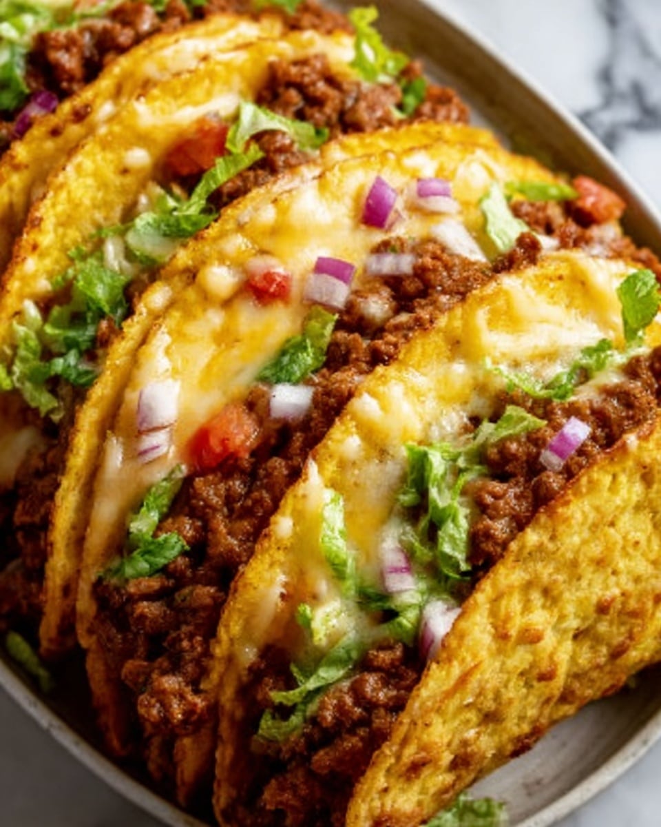 The image shows three tacos in a white dish, each with three visible layers. The bottom layer is a soft yellow corn tortilla, slightly folded. The middle layer is a rich, dark brown ground beef filling mixed with small bits of red tomato and green herbs. The top layer is melted golden cheese, bubbling and slightly browned, with small bits of diced red onion and green cilantro sprinkled on top, adding color contrast. The dish sits on a white marbled surface. Photo taken with an iphone --ar 4:5 --v 7