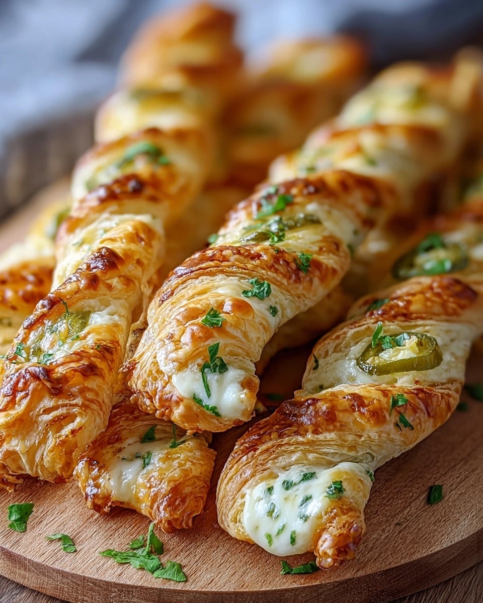 The image shows several golden brown puff pastry twists arranged closely on a wooden board. Each twist has multiple flaky layers with a slightly crispy texture on the outside. The puff pastries are filled with creamy white cheese and thin slices of green jalapeño peppers, with some chopped fresh green herbs sprinkled on top for garnish. The background is softly blurred, focusing attention on the baked, flaky pastries. photo taken with an iphone --ar 4:5 --v 7