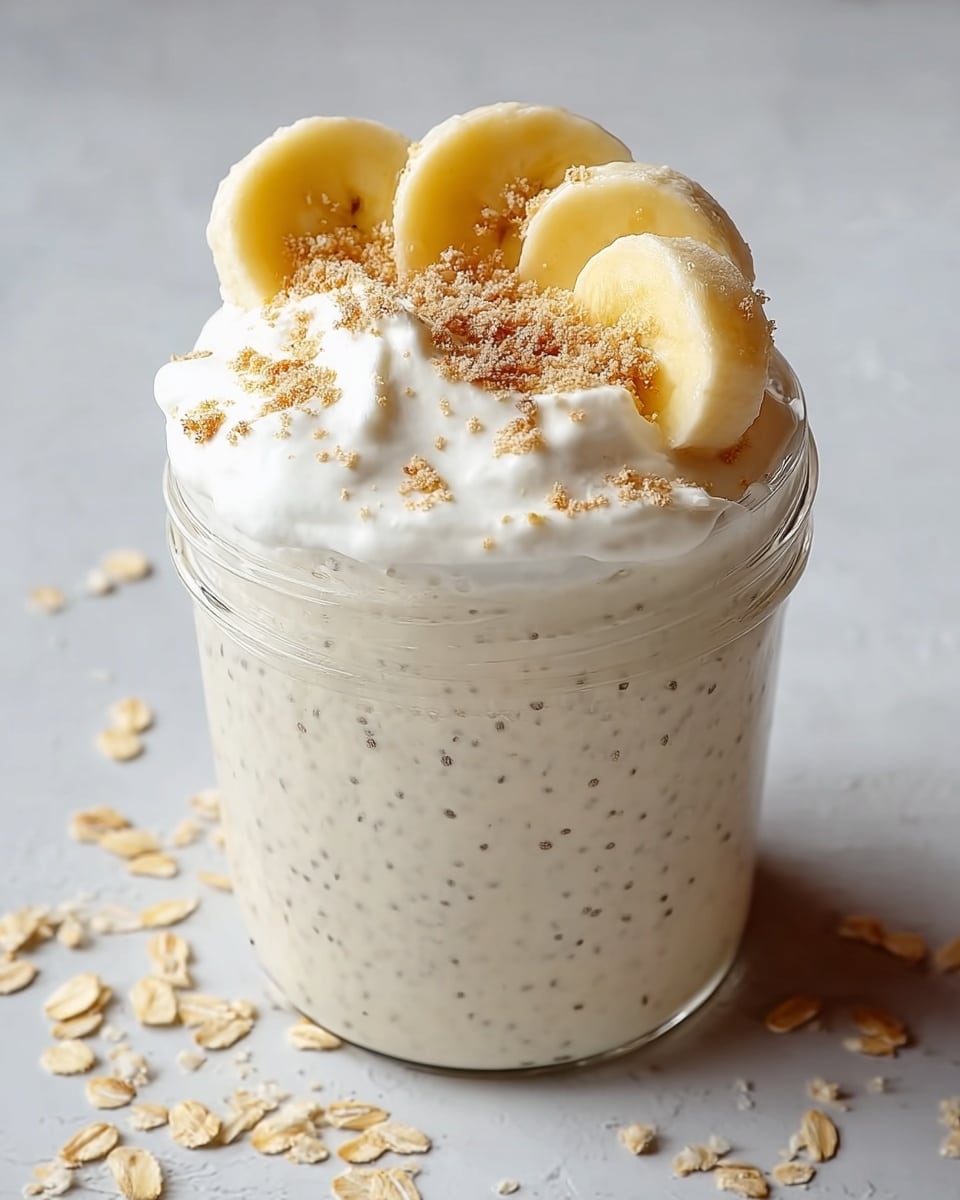 A clear glass jar filled with a creamy off-white layered pudding mixed with tiny black chia seeds. On top, there is a thick layer of white whipped cream or yogurt, slightly overflowing the jar's rim. Arranged in a circle on the cream are five round banana slices, each with a light yellow color and soft texture. A golden brown crumbly topping is sprinkled over the bananas and cream. The jar is placed on a white marbled surface with a few scattered oat flakes around it. photo taken with an iphone --ar 4:5 --v 7