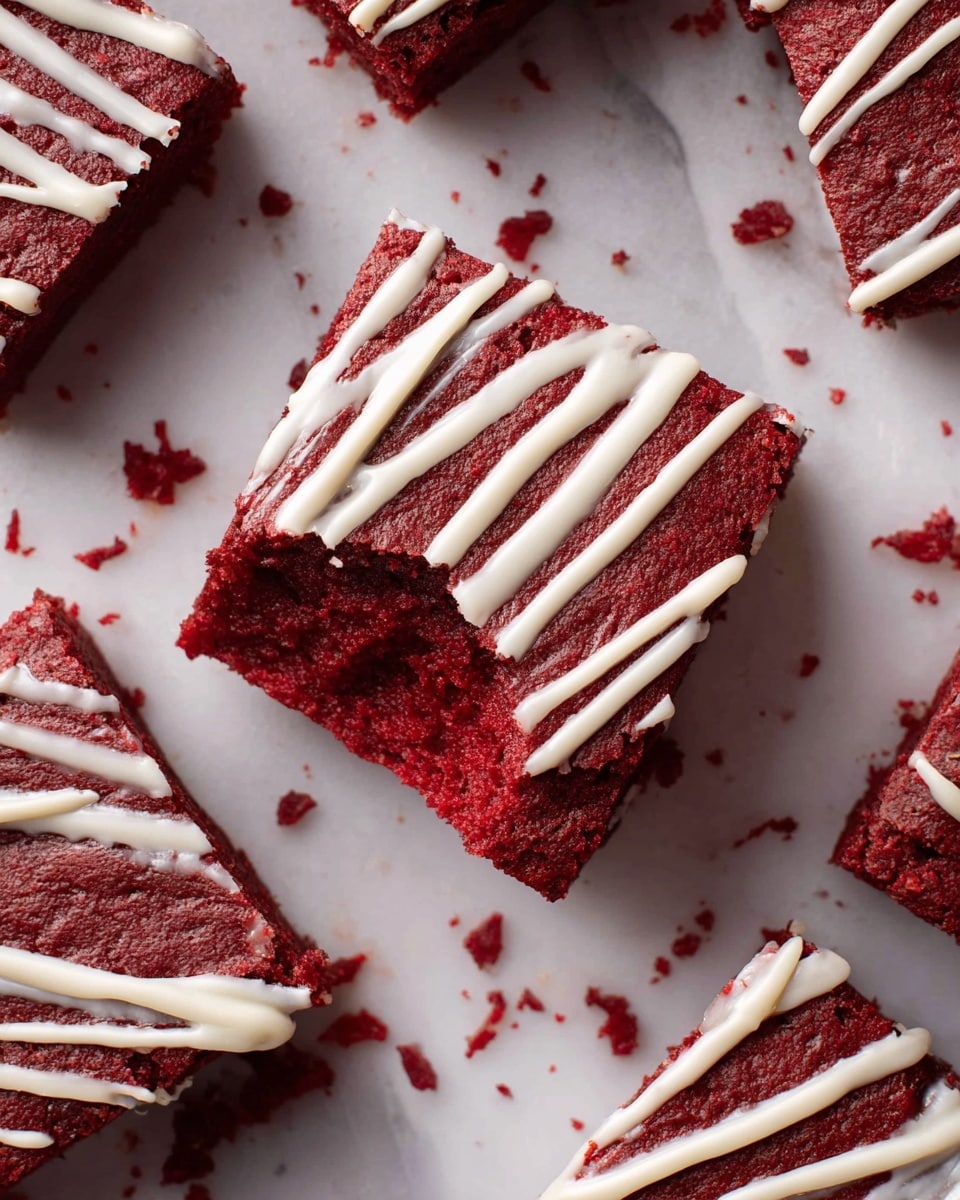 The image shows a close-up of rich red velvet brownies cut into square pieces placed on a white marbled surface. Each brownie is about one layer thick, with a deep red color and a slightly cracked texture on top. Thin white icing is drizzled in irregular lines across the surface of the brownies, adding contrast. One central brownie has a small bite taken out of it, revealing the dense, moist interior inside. A woman's hand is touching or holding a piece from the upper right corner. Photo taken with an iphone --ar 4:5 --v 7
