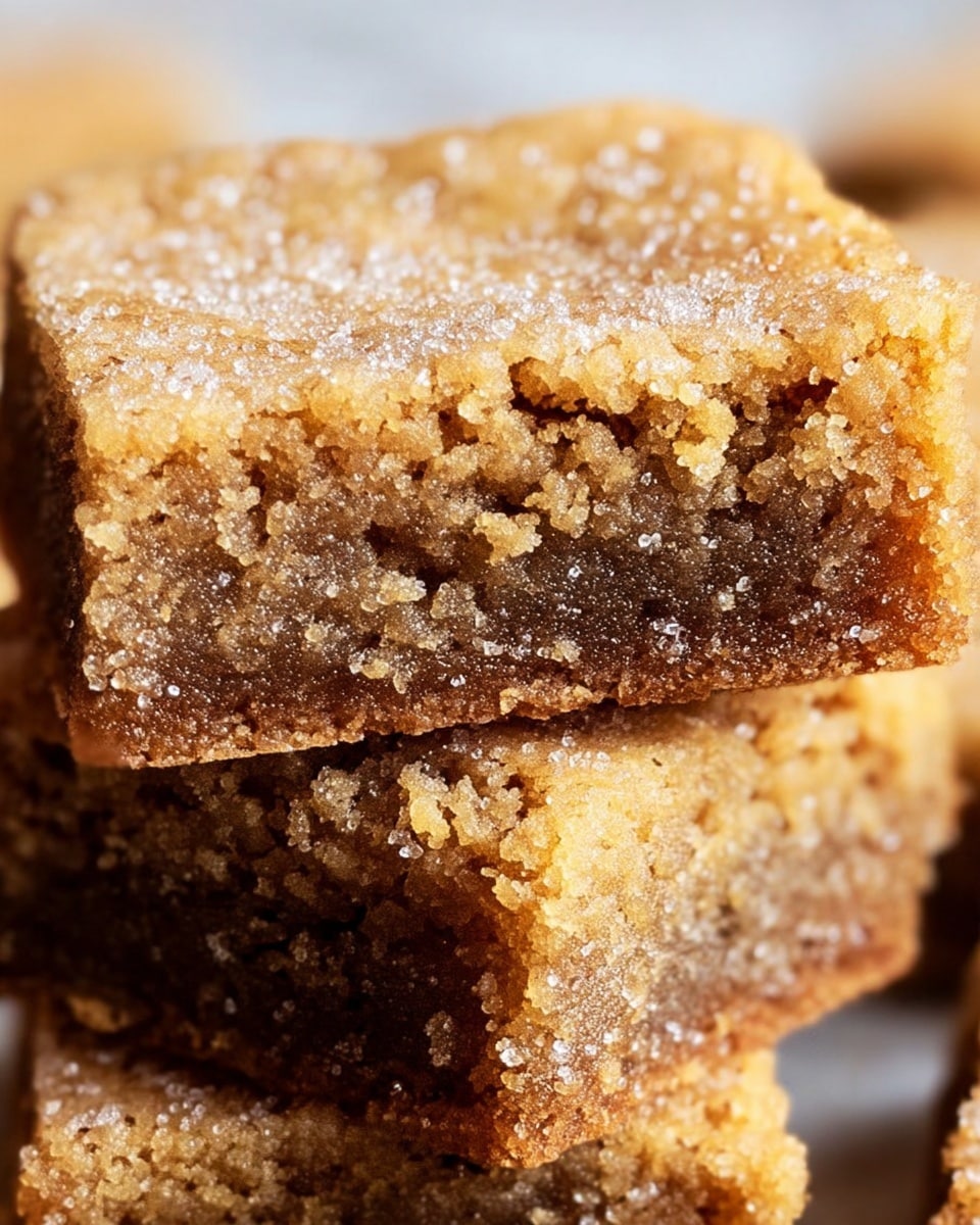 A close-up image shows a stack of two thick, square blondies with a crumbly texture. The top blondie has a golden-brown surface with a fine dusting of granulated sugar that catches the light and adds sparkle. The edges show a slightly rough texture with small cracks, while the inside looks soft and moist with a darker brown color. The blondies are stacked on a white marbled surface, creating contrast with their warm tones. Photo taken with an iphone --ar 4:5 --v 7
