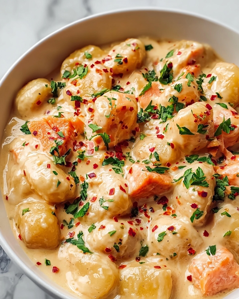 A close-up view of creamy gnocchi served in a white bowl, featuring soft, pillowy gnocchi pieces coated in a smooth, light orange cheese sauce. Scattered on top are tender chunks of pink salmon, adding texture and color contrast, along with bright green parsley leaves for freshness. Red pepper flakes are lightly sprinkled, giving small specks of red throughout the dish, while the sauce has a glossy and rich appearance. The image shows the dish filling the bowl with a cozy, hearty feel against a white marbled background. photo taken with an iphone --ar 4:5 --v 7