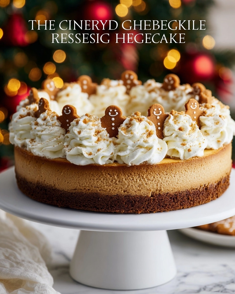 A round gingerbread cheesecake with a smooth, light brown base layer and a slightly darker brown crust at the bottom sits on a white cake stand. On top of the cheesecake, there are evenly spaced swirls of white whipped cream with small bits of yellow topping and a light dusting of spice powder. Between some of the swirls, there are small gingerbread men with smiling faces and blue buttons. The background shows blurred, warm yellow and red lights with a festive feeling, all placed on a white marbled surface. photo taken with an iphone --ar 4:5 --v 7