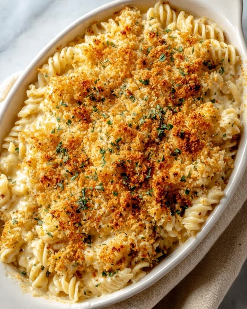 The dish is a baked pasta casserole in a white oval dish, filled with creamy, cooked rotini pasta that is pale yellow with a smooth texture. The top layer is covered with a golden-brown breadcrumb crust that looks crispy, with small green herb sprinkles scattered evenly across for color contrast. The dish rests on a white marbled surface with a soft cloth visible on the side. photo taken with an iphone --ar 4:5 --v 7