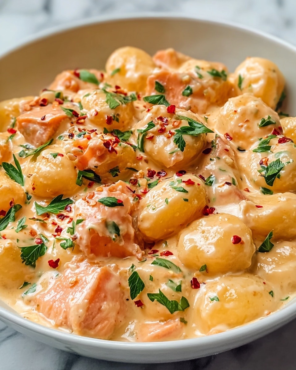A white bowl filled with soft gnocchi coated in a creamy, light orange sauce, mixed with small chunks of pink salmon scattered throughout. Bright green parsley leaves are sprinkled over the top, along with tiny red chili flakes, adding contrast to the smooth sauce. The dish looks rich and smooth with the gnocchi and salmon pieces slightly raised, creating a textured and inviting appearance. The bowl sits on a white marbled surface. photo taken with an iphone --ar 4:5 --v 7