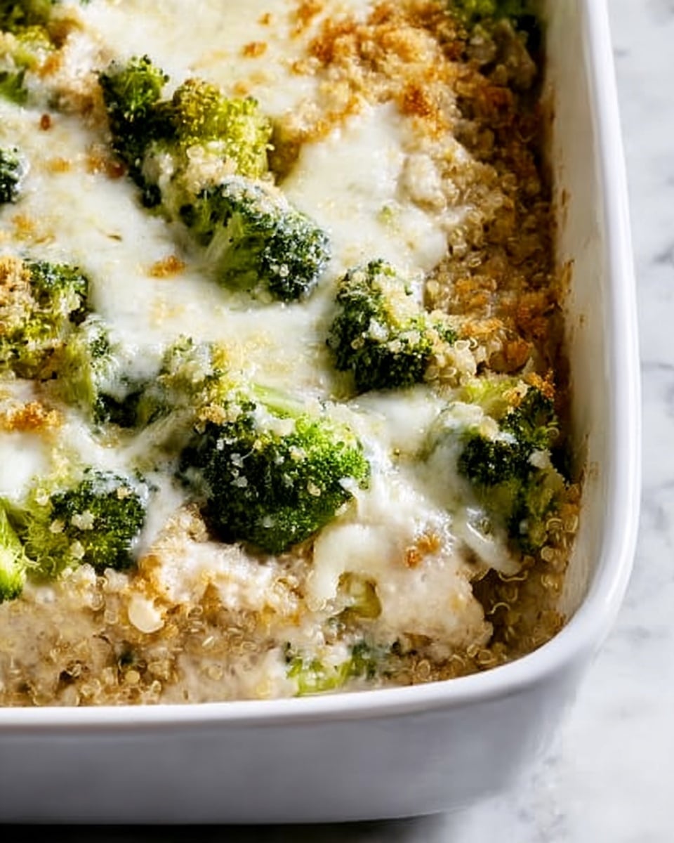 A close-up of a white rectangular dish filled with a casserole featuring three visible layers: the bottom layer is light beige quinoa with a soft, grainy texture; the middle layer has small pieces of green broccoli florets scattered evenly; the top layer is covered in melted white cheese that appears gooey and slightly browned in some areas. The dish sits on a white marbled surface. photo taken with an iphone --ar 4:5 --v 7