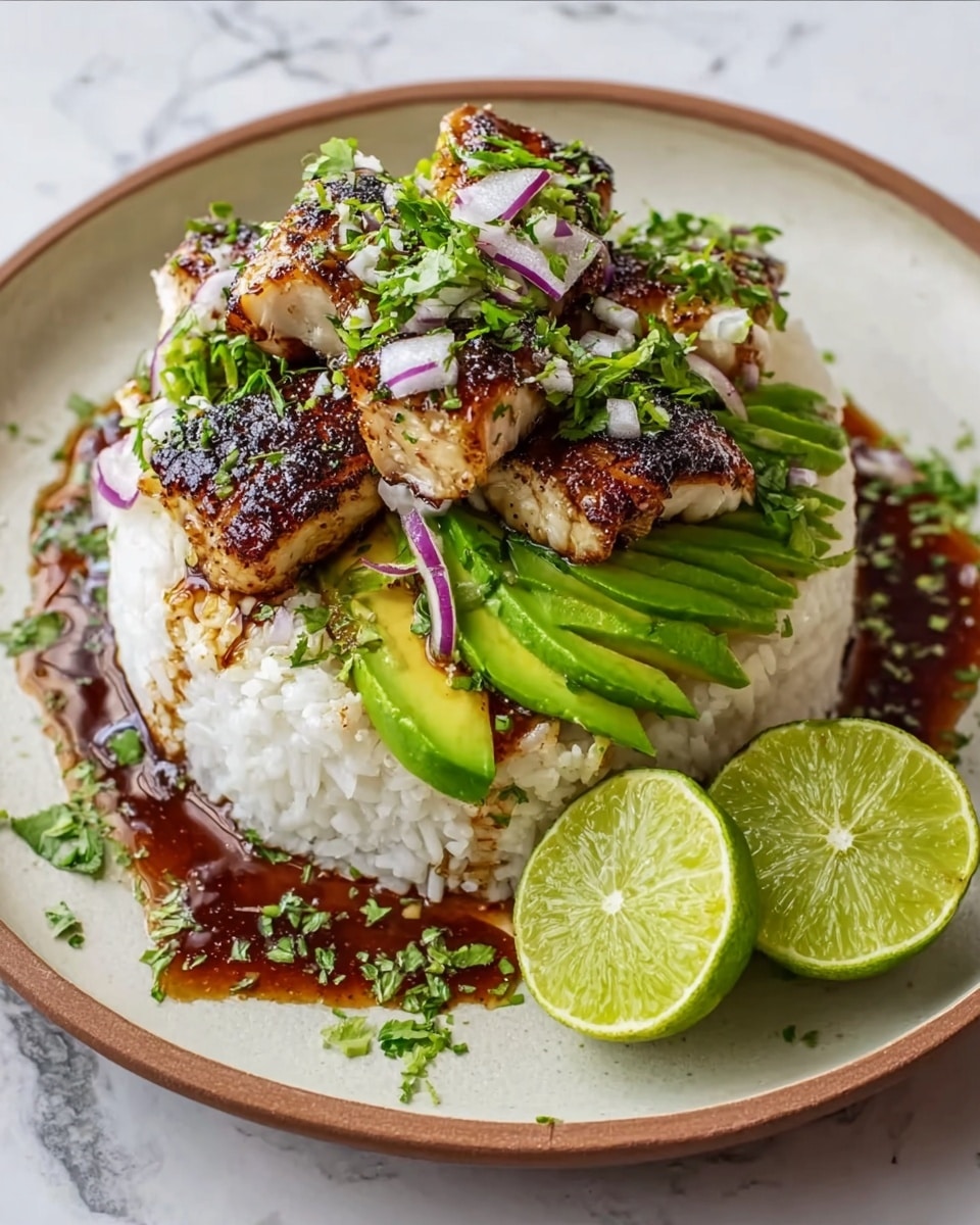 A dish with three main layers stacked neatly on a white plate set on a white marbled surface. The base layer is a thick, compact mound of fluffy white rice, shaped like a cylinder. On top of the rice, there is a layer of neatly arranged light green avocado slices, fanning outward slightly. Above the avocado, there are several pieces of grilled fish with a golden-brown, crispy outer texture, showing some charred spots for a smoky look. The fish is garnished with thin slices of purple-red onions, small chopped green herbs, and fresh green cilantro leaves. A dark brown sauce with a glossy texture is drizzled around the rice on the plate. Two lime halves with a fresh, juicy green appearance rest on the side of the plate. photo taken with an iphone --ar 4:5 --v 7