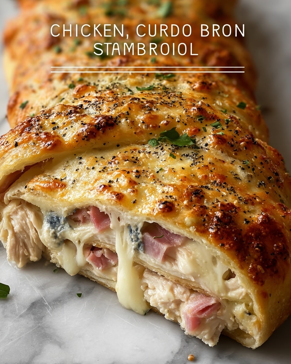 The image shows a golden-brown Chicken Cordon Bleu Stromboli with a crispy baked crust topped with melted cheese and sprinkled black pepper and small green herb leaves. The stromboli is sliced open to reveal three main layers inside: the outer crust is light golden and fluffy, followed by a creamy melted cheese layer that is white and gooey, and inside pieces of chicken and pink ham are visible mixed with the cheese, creating a rich filling. The stromboli rests on a white marbled surface, showing texture and freshness. The overall look is warm, cheesy, and inviting. Photo taken with an iphone --ar 4:5 --v 7