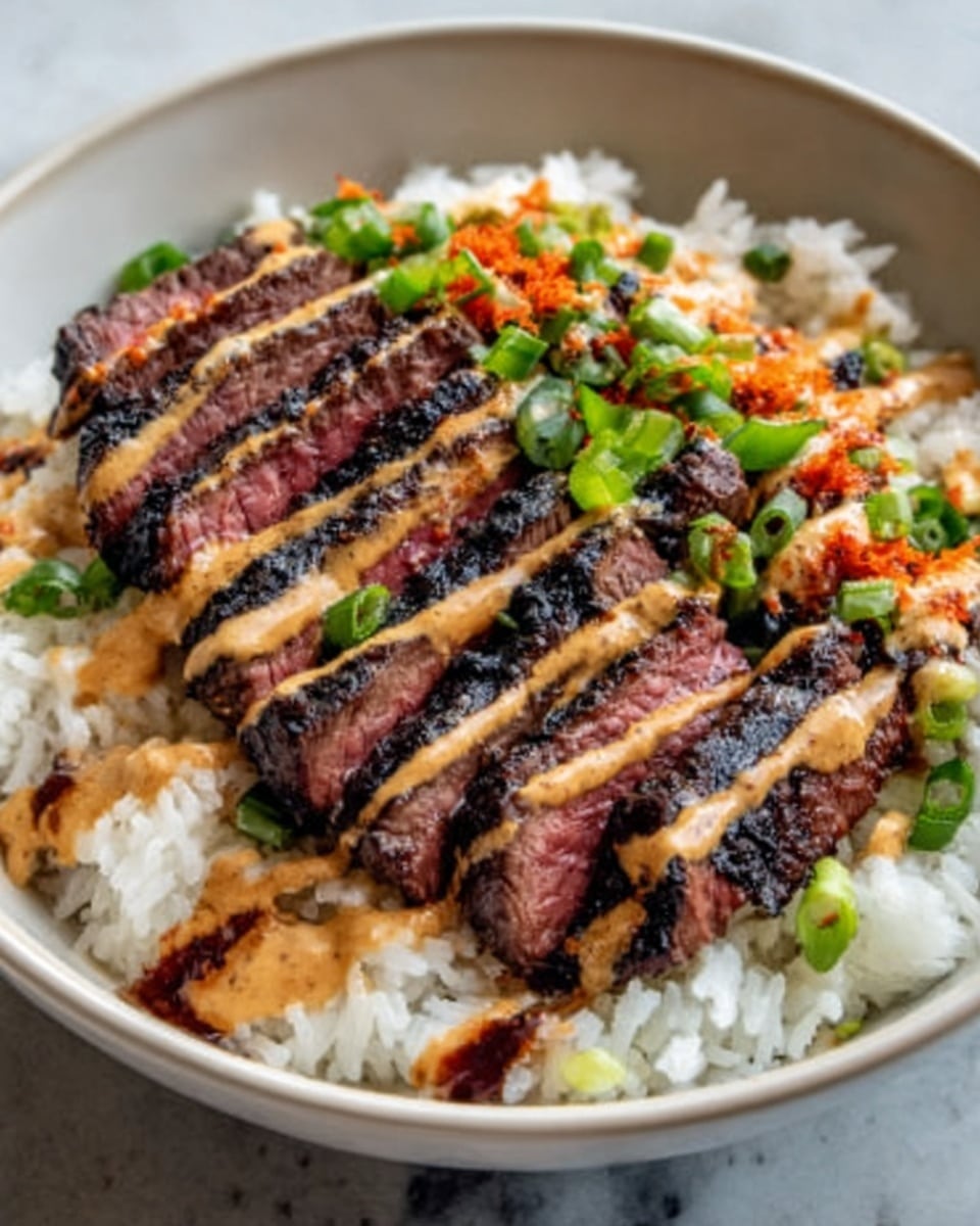 A white bowl filled with a base layer of white rice, topped with thin slices of grilled steak arranged neatly in the center. The steak is dark brown with grill marks, and a creamy light brown sauce is drizzled over the top in thin lines. Small green chopped herbs and black sesame seeds are sprinkled over the dish, along with thin orange carrot sticks on the side, adding bright color contrast. The bowl sits on a white marbled surface. Photo taken with an iphone --ar 4:5 --v 7