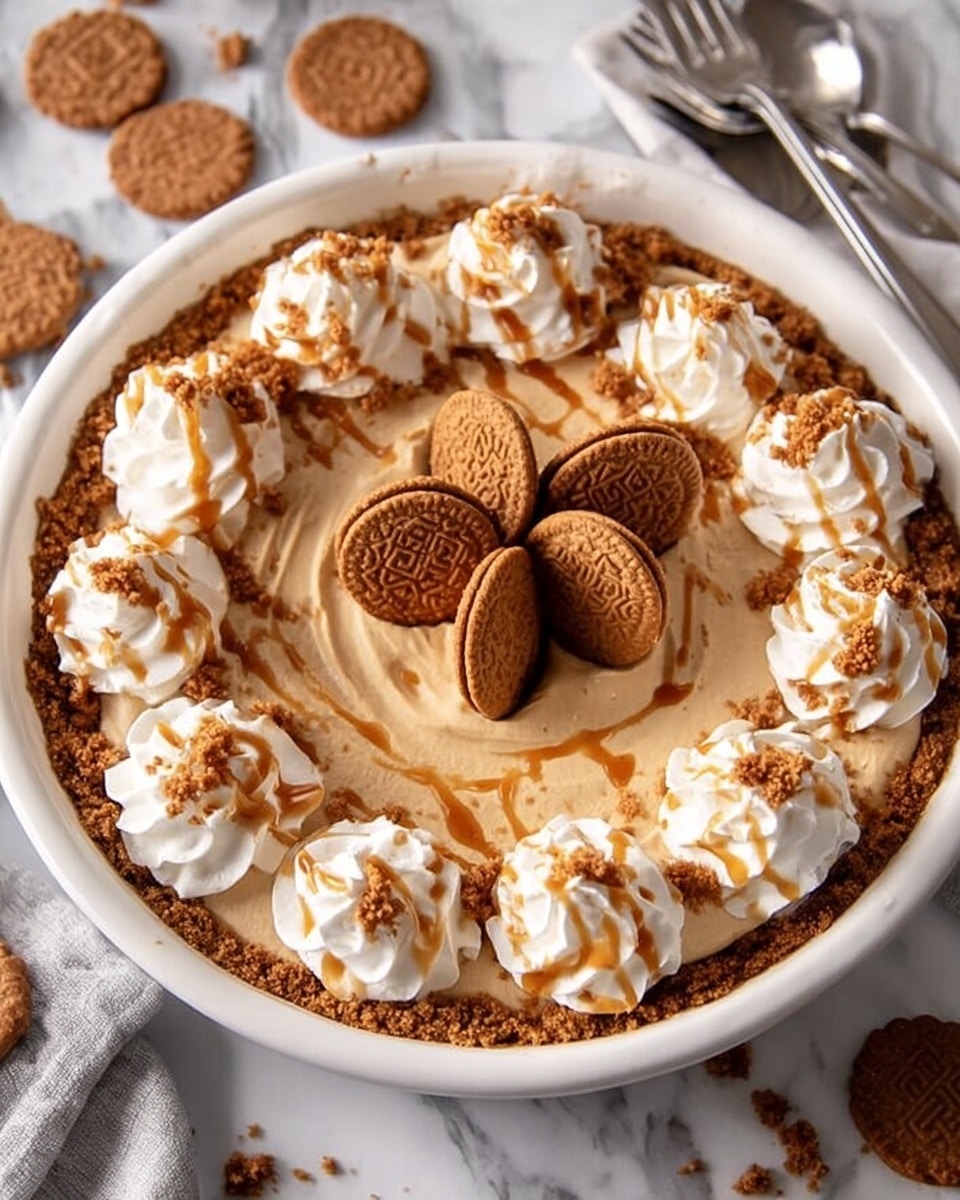 The image shows a round creamy dessert in a white scalloped bowl. The dessert has three layers: a smooth light brown base layer, a second layer of fluffy white cream dollops arranged in a circle on the edge, and a drizzle of caramel sauce over the cream and base. In the center, there are five small brown cookies standing up like a fan. Crumbled brown cookie pieces are sprinkled on top of the cream dollops and around the cookies. The bowl is placed on a white marbled surface with a fork and spoon nearby. photo taken with an iphone --ar 4:5 --v 7