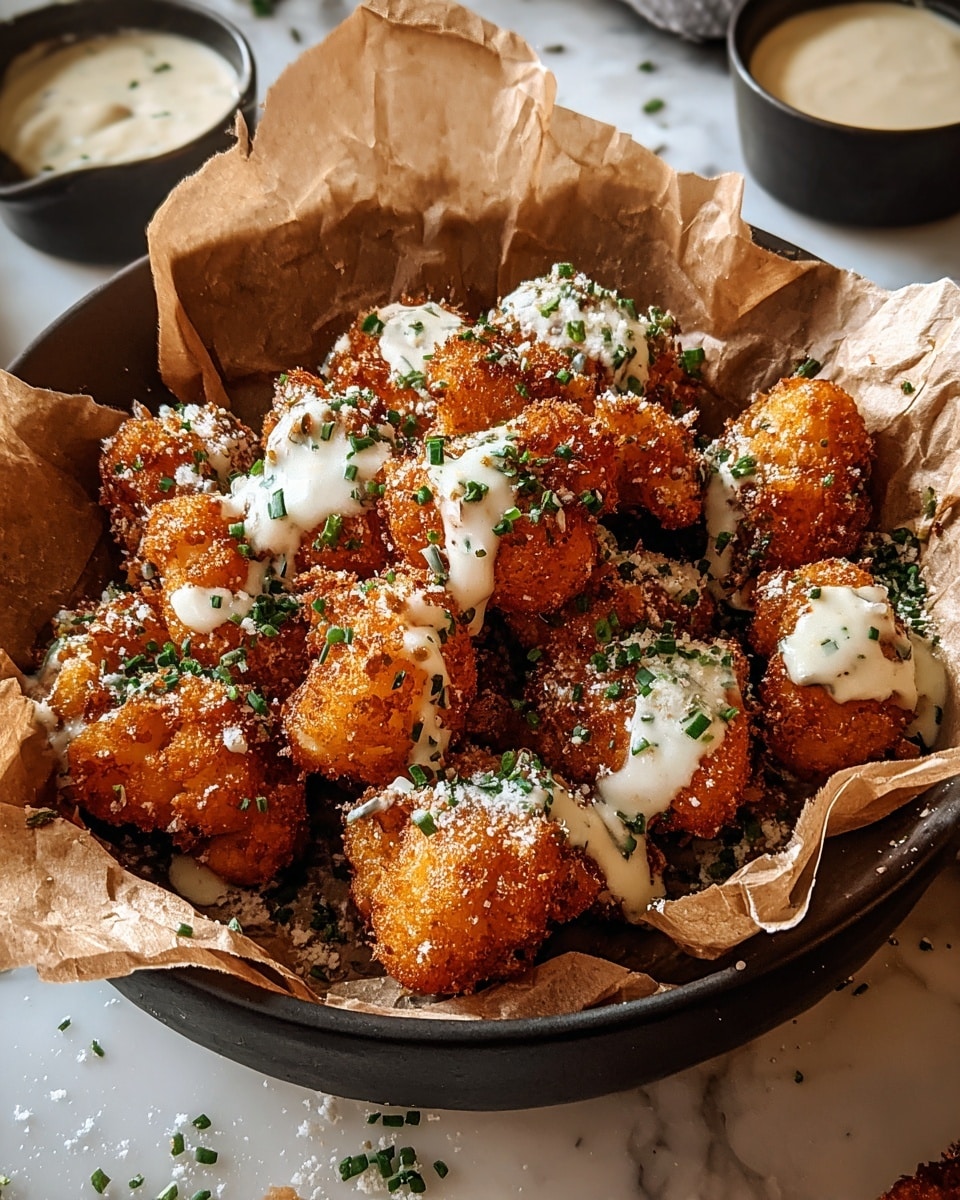A round black bowl lined with crumpled brown parchment paper holds about twelve pieces of golden-brown fried cauliflower bites. Each piece is coated with a creamy white sauce that looks smooth and slightly shiny, and is sprinkled with small chopped green herbs and some crumbly white seasoning. The cauliflower pieces appear crispy, uneven in shape, and piled loosely in the bowl. The bowl sits on a white marbled surface with small bits of herbs scattered around it, and two small cups with creamy dips can be seen in the background. Photo taken with an iphone --ar 4:5 --v 7
