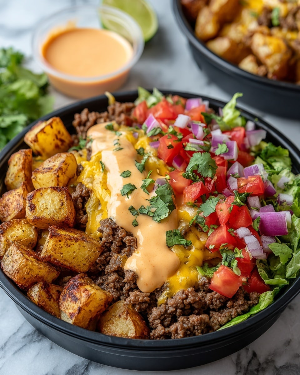 The image shows a bowl filled with layers of food starting at the bottom with golden-brown roasted potato cubes on one side and seasoned ground beef on the other side. In the middle, there is a layer of melted yellow cheddar cheese partly covered by thick, creamy orange sauce with a smooth texture. On top of these, there is fresh green lettuce, bright red diced tomatoes, purple diced onions, and chopped green cilantro, scattered evenly. The bowl is black and placed on a white marbled surface, with a lime wedge and a small container of sauce blurred in the background. Photo taken with an iphone --ar 4:5 --v 7