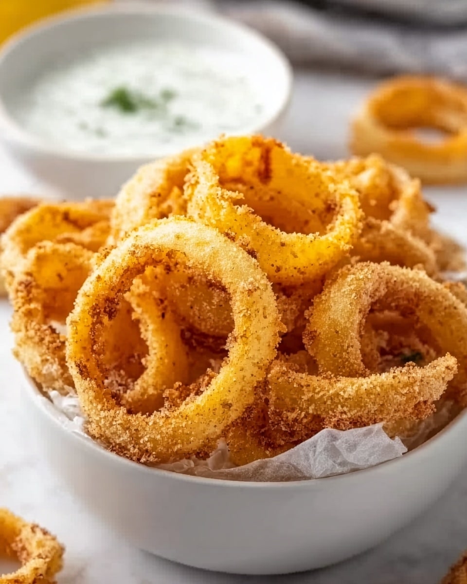 A white bowl filled with golden-brown, crispy onion rings piled high, showing a crunchy texture with some rings curved and others more circular. Behind the bowl, there is a small white bowl with a creamy white dipping sauce with visible green herb pieces. The background features a white marbled surface with a warm light highlighting the food, creating a cozy, inviting look. Woman's hand is reaching toward the bowl from the side. Photo taken with an iphone --ar 4:5 --v 7