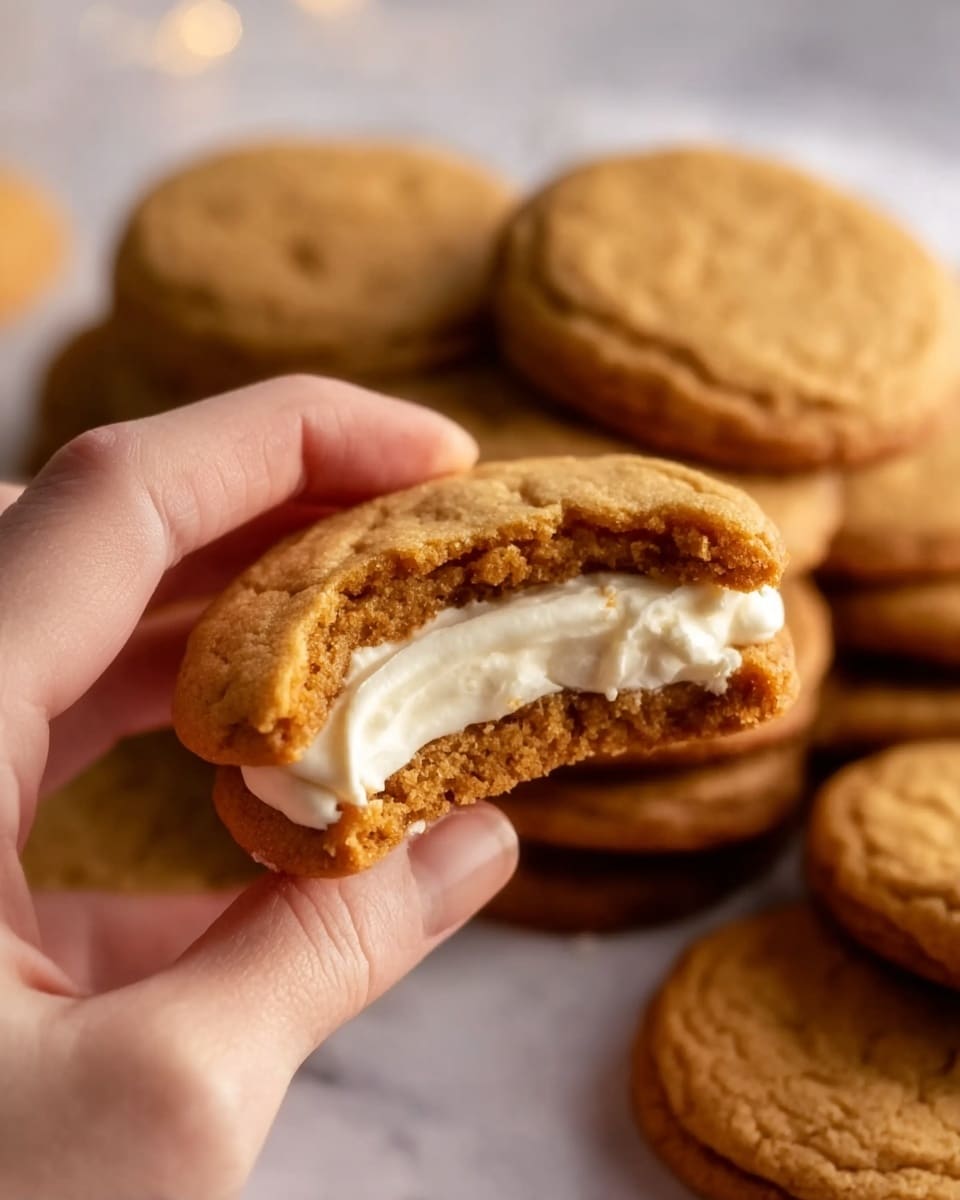 A close-up image shows a woman's hand holding a cookie with a bite taken out of it, revealing a thick white creamy filling inside. The cookie is golden brown with a slightly cracked, soft texture. In the background, there are several similar whole cookies stacked together on a white marbled surface. The lighting is warm and soft, highlighting the creamy filling and the cookie’s textured surface. Photo taken with an iphone --ar 4:5 --v 7