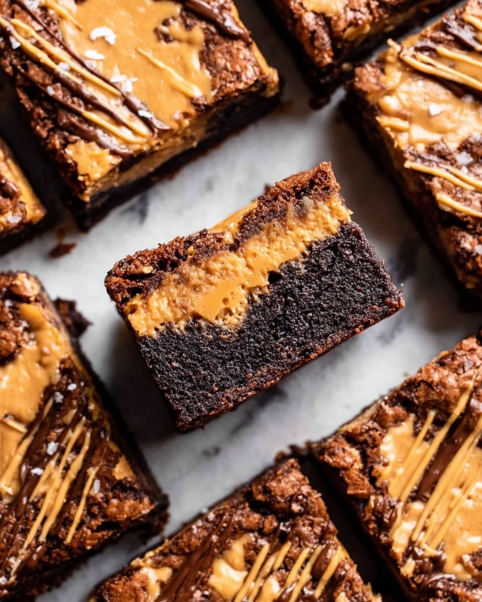 This image shows a close-up view of several square dessert bars arranged closely on a white marbled surface. Each bar has two dark brown chocolate layers with a middle creamy peanut butter layer, showing a soft and gooey texture. The top layer is drizzled with golden peanut butter sauce, and little bits of flaky salt are visible on the surface, adding texture and shine. One bar is placed horizontally in the center to display the thick middle layer clearly, while the other bars are stacked side by side around it. The overall look is rich and inviting, with the shiny peanut butter drizzle creating a smooth, glossy finish. Photo taken with an iPhone --ar 4:5 --v 7