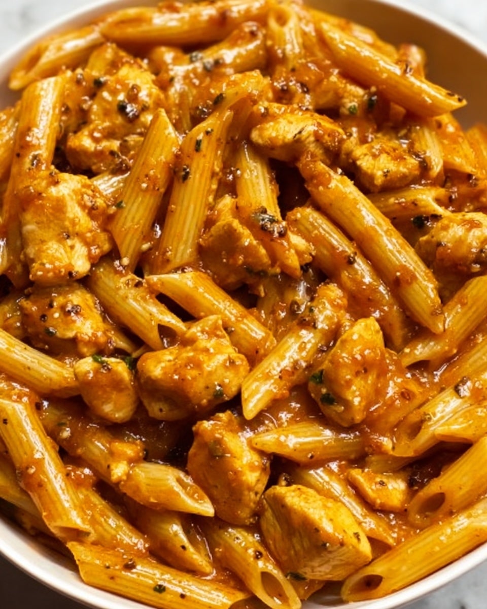The image shows a close-up view of a white plate filled with penne pasta mixed with pieces of chicken. The sauce covering the pasta is a rich orange color with a glossy texture, and you can see small bits of herbs scattered throughout. The chicken pieces are small and coated evenly with the sauce, blending well with the pasta. The overall look is warm and saucy, with a slightly chunky texture from the chicken and herbs. The surface underneath the plate is a white marbled texture. photo taken with an iphone --ar 4:5 --v 7