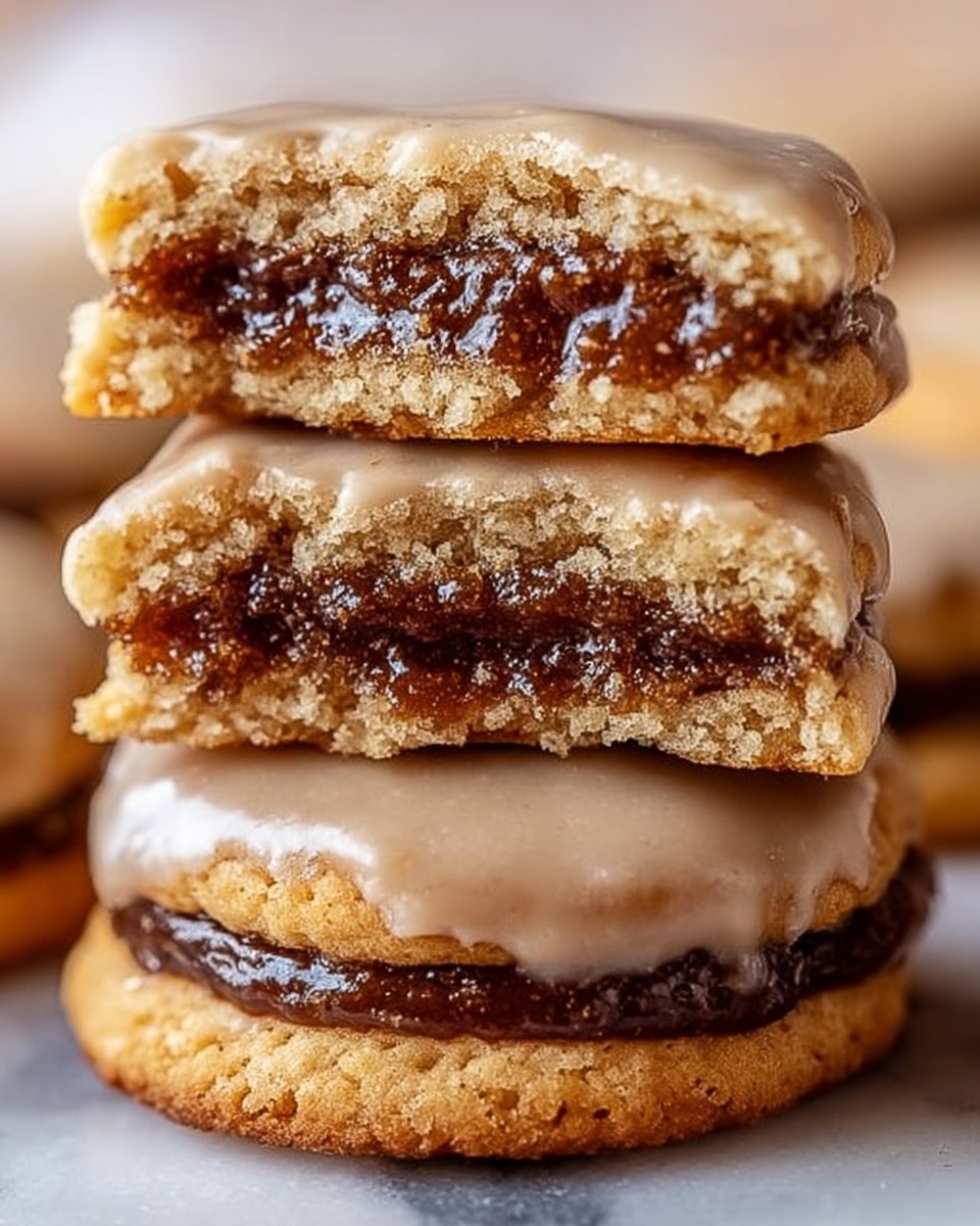 A close-up of a small stack of three frosted cookies on a white marbled surface, each cookie is golden brown and slightly textured. The top cookie is bitten in half, showing a thick, dark brown gooey filling inside the light golden cookie dough. The frosting on each cookie is light tan, smooth, and shiny, adding a soft layer on top. The background is softly blurred, focusing attention on the rich texture of the cookies. Photo taken with an iphone --ar 4:5 --v 7