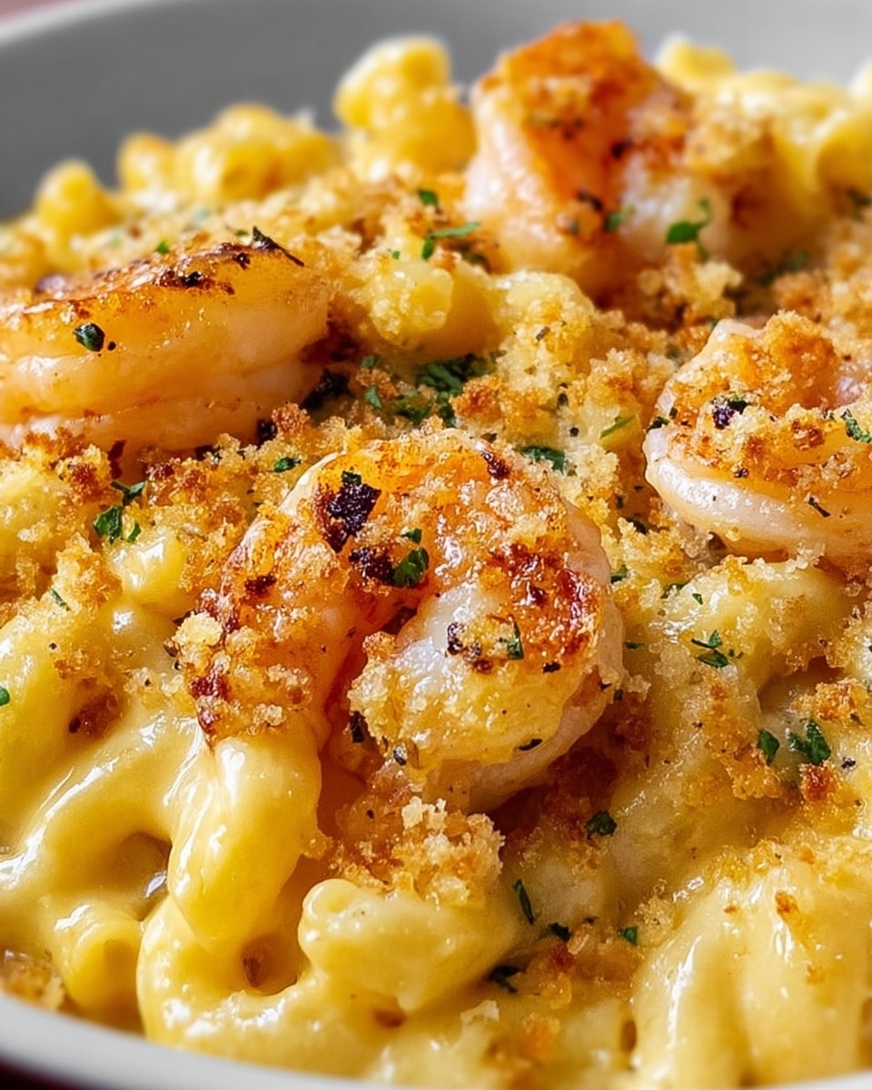 A close-up of creamy macaroni and cheese topped with cooked shrimp and golden brown breadcrumbs. The macaroni is coated in a smooth, yellow cheese sauce with a slightly glossy texture, filling most of the white bowl. On top, there are several pink-orange shrimp arranged evenly, each shrimp showing its curved shape and slight grill marks. The golden breadcrumbs are scattered generously over the shrimp and macaroni, adding a crunchy texture with tiny browned spots. Small green herb pieces are sprinkled on top for color contrast. The dish is set on a white marbled surface. photo taken with an iphone --ar 4:5 --v 7