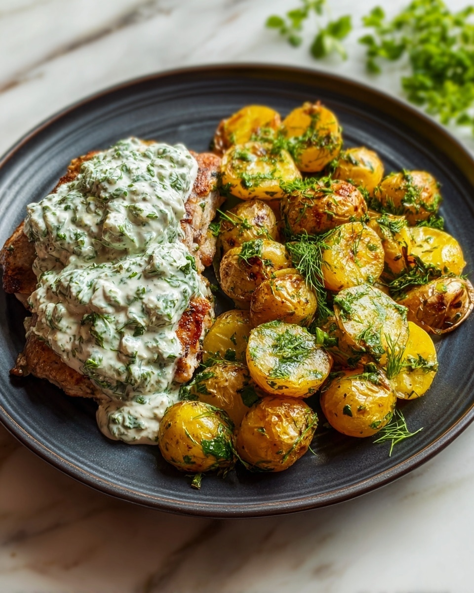 A dark plate holds a meal with two main parts. On the left, there is a piece of cooked meat or fish covered with a thick white sauce mixed with green herbs, giving it a creamy and fresh look. On the right side, a pile of small golden-yellow roasted potatoes with green herbs spread on top adds color and texture. The potatoes look crispy on the outside and soft inside. The plate is on a white marbled surface, and fresh green herbs are sprinkled around for decoration. photo taken with an iphone --ar 4:5 --v 7