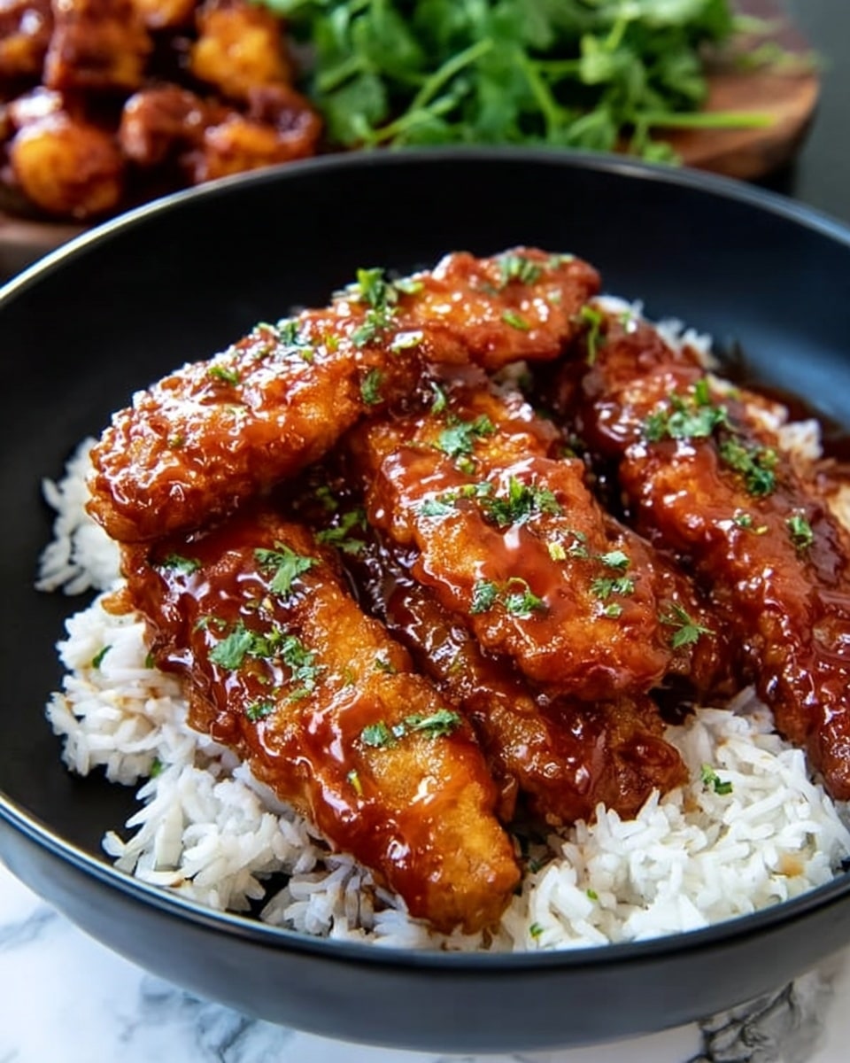 A close-up view of a black bowl filled with a layer of fluffy white rice at the bottom, topped with three long strips of glazed chicken that are golden brown and shiny with thick, dark red sauce drizzled on top. On the side of the bowl, fresh green parsley adds a fresh color contrast. The background features blurred green herbs and pieces of glazed food, all set on a white marbled surface. photo taken with an iphone --ar 4:5 --v 7