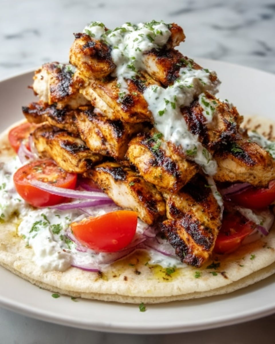 A white plate on a white marbled surface holds a warm pita topped with a colorful mix of layers. At the base, thin slices of red onion peep out, followed by halved red cherry tomatoes arranged around the edge. Piled high are multiple pieces of golden-brown grilled chicken strips with grill marks, stacked in the center. On top is a generous dollop of creamy white sauce sprinkled with chopped green herbs. The textures range from the soft pita, juicy vegetables, slightly charred chicken, to the smooth sauce. Photo taken with an iphone --ar 4:5 --v 7