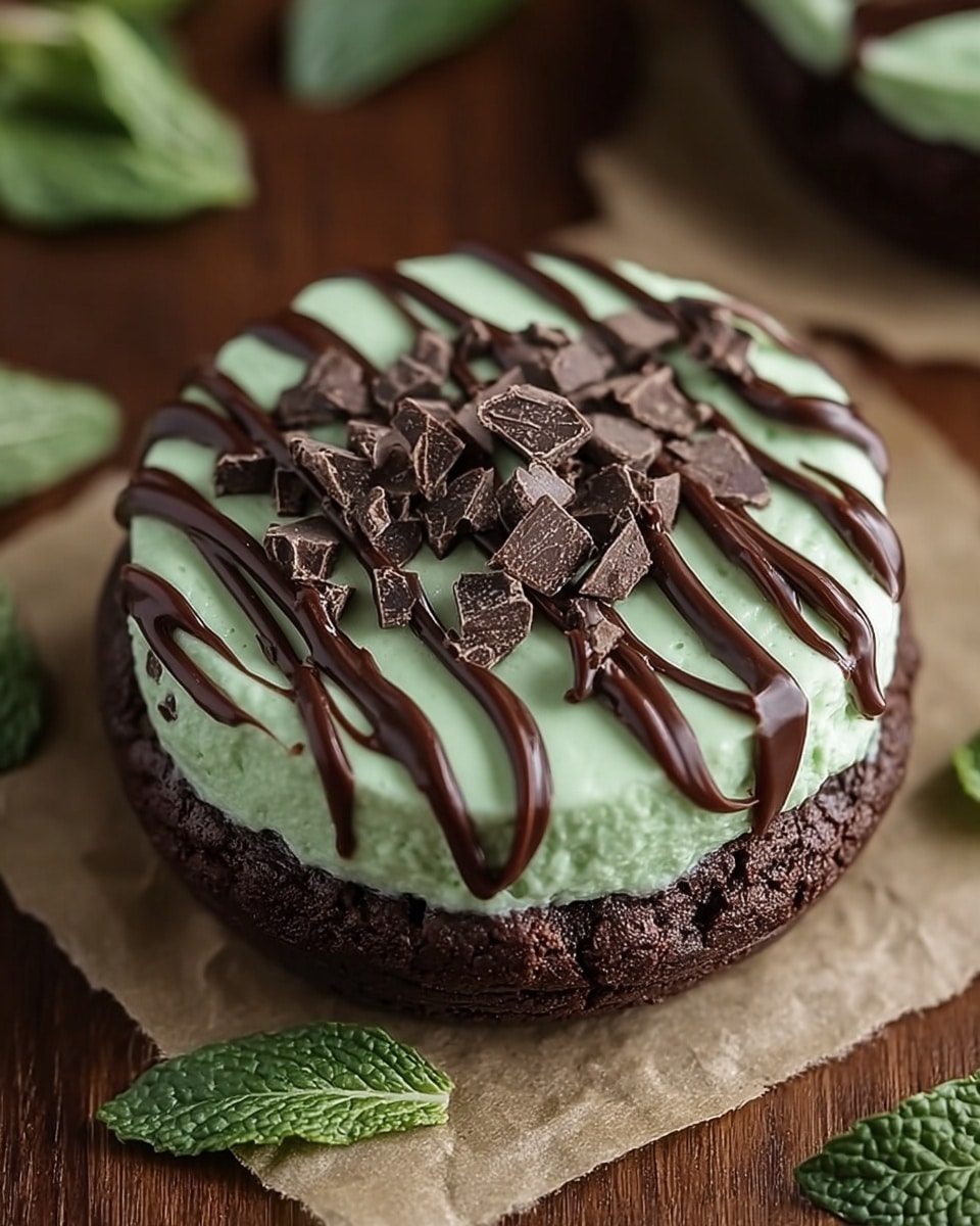 A close-up view of a single round dessert featuring three main layers: the bottom layer is dark brown, rich, and dense like a chocolate cake or brownie base; on top is a thick, smooth pale green layer resembling mint cream, covering the entire surface evenly; the dessert is decorated with diagonal drizzles of shiny milk chocolate across the green layer, and topped with scattered irregular chunks of dark chocolate. The dessert sits on a folded beige cloth on a white marbled surface, with green mint leaves and small pieces of chocolate around it. photo taken with an iphone --ar 4:5 --v 7
