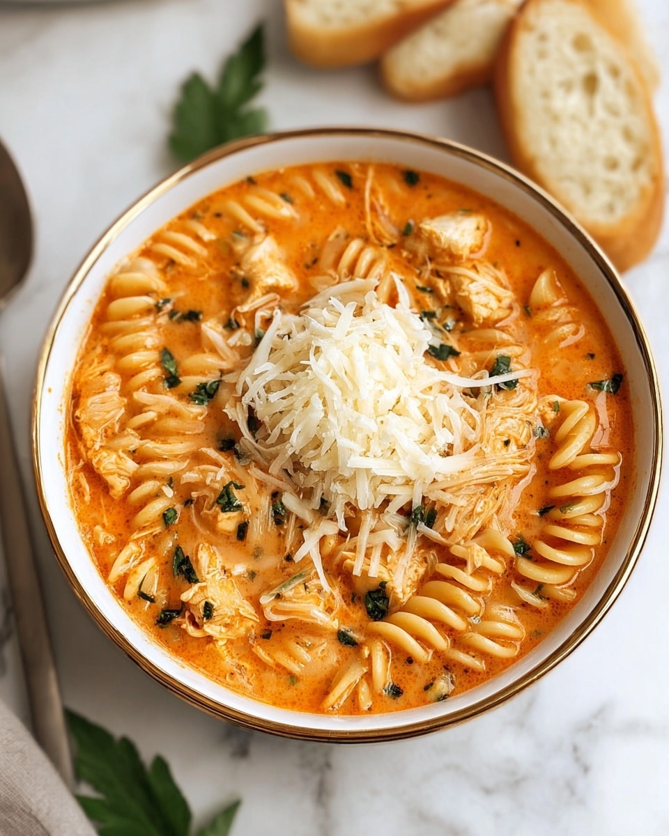 A white bowl with a gold rim holds a creamy orange soup filled with twisted pasta and chunks of cooked chicken, all evenly mixed in a rich broth. On top, a thick layer of shredded cheese is piled in the center, slightly melting into the warm soup. Small green herb bits are sprinkled throughout the dish. The bowl is placed on a white marbled surface, with a slice of bread and some fresh green leaves visible nearby. photo taken with an iphone --ar 4:5 --v 7
