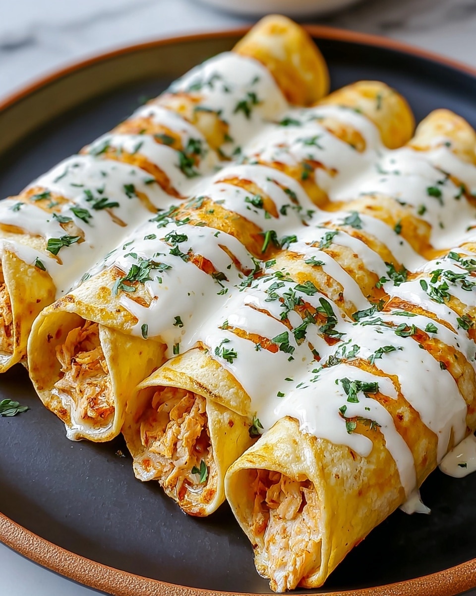 Four rolled tortillas filled with a creamy orange chicken mixture are neatly arranged side by side on a white plate. Each tortilla has a soft, slightly crispy texture with patches of light golden brown. A thick, white creamy sauce is drizzled across the top of the rolled tortillas in wide stripes, and small pieces of chopped green cilantro are scattered over the sauce for garnish. The plate sits on a white marbled surface. photo taken with an iphone --ar 4:5 --v 7