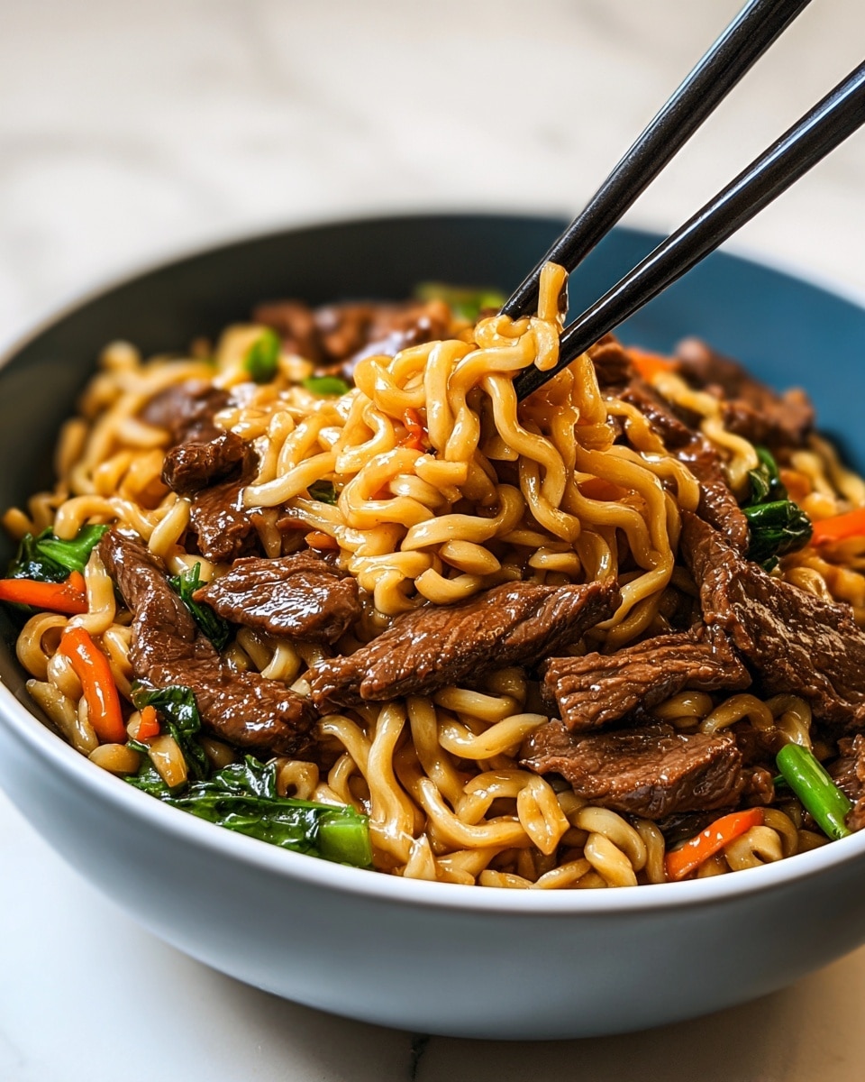 A bowl filled with three layers, starting at the bottom with light tan curly noodles forming the base. The middle layer shows small pieces of bright green vegetables and small bits of orange carrot, scattered among the noodles. The top layer consists of many dark brown, shiny strips of cooked beef layered evenly over the noodles and vegetables. The dish is held by a pair of black chopsticks positioned above it. The bowl is white and sits on a white marbled surface. Photo taken with an iphone --ar 4:5 --v 7