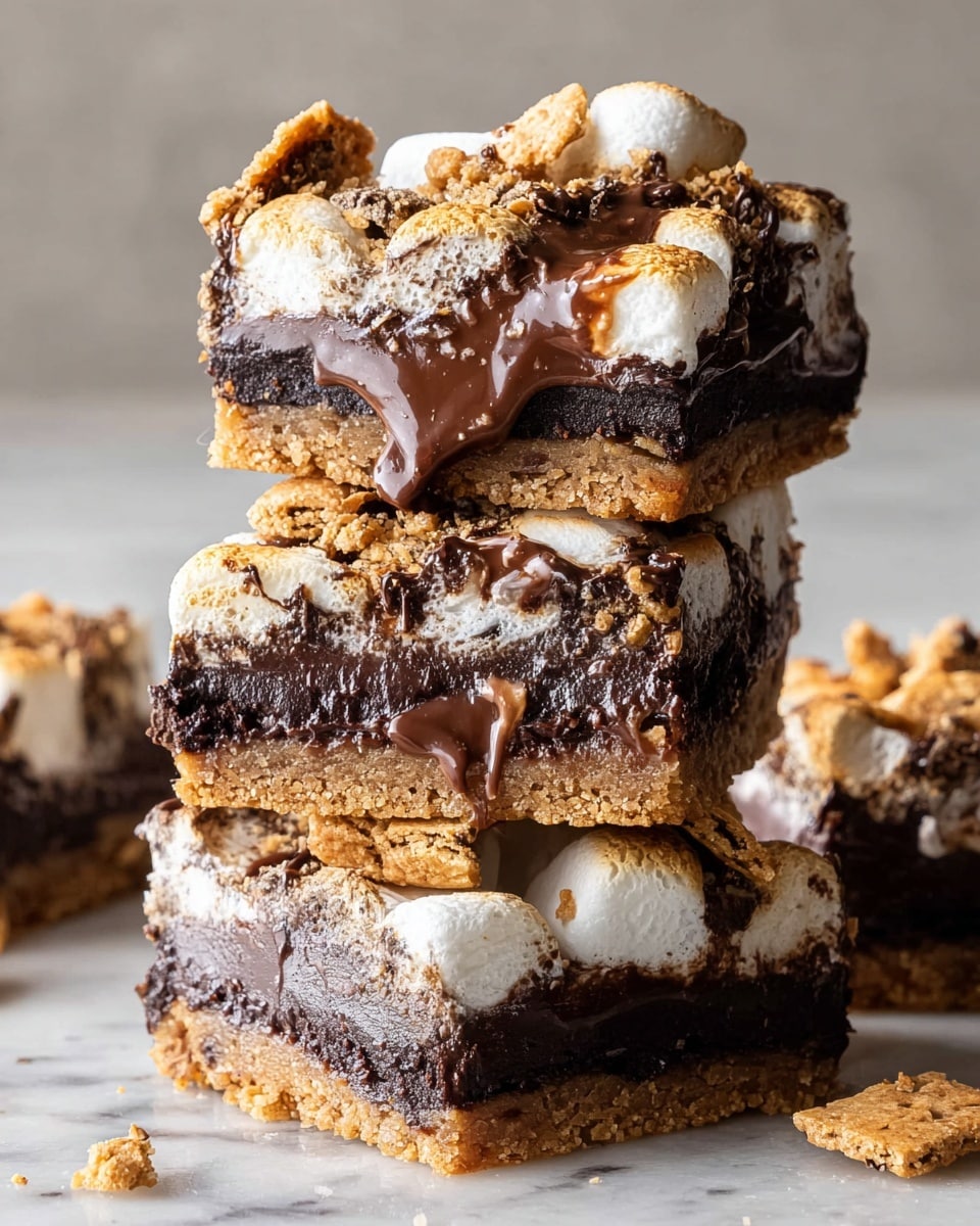 The image shows a stack of three s'mores bars on a white marbled surface. Each bar has three layers: a light brown crispy graham cracker base, a thick middle layer of dark chocolate brownie with a rich, dense texture, and a top layer of melted white marshmallow with a gooey, slightly sticky look. Pieces of crushed graham cracker crumbs and some softened chocolate are scattered on the top layer, adding texture, with some marshmallow stretching between the layers. The bars are unevenly cut, showing the gooey inside and the soft, melty chocolate mixing with the marshmallow on the top. Photo taken with an iphone --ar 4:5 --v 7