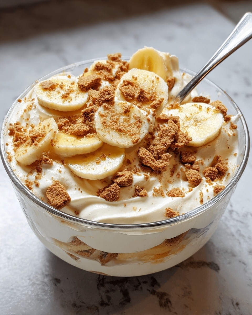 A clear glass bowl filled with a creamy white layer of whipped cream or yogurt at the bottom, topped with a layer of round, light yellow banana slices scattered evenly, and sprinkled with crumbled light brown cookie or biscuit pieces that add texture. A silver spoon rests inside the bowl, slightly digging into the soft layers. The bowl is placed on a white marbled surface. photo taken with an iphone --ar 4:5 --v 7