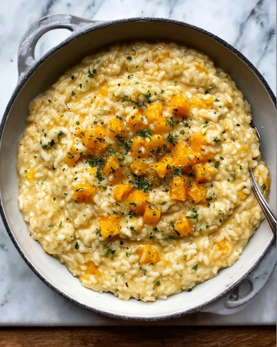 A white bowl holds a creamy risotto with a smooth texture, topped with small cubes of soft orange pumpkin scattered evenly on the surface. Tiny green herb leaves are sprinkled over the dish, adding a fresh touch, while thin shavings of cheese rest gently among the pumpkin pieces. The background shows a white marbled texture, and a woman's hand is reaching in with a spoon on the side. photo taken with an iphone --ar 4:5 --v 7