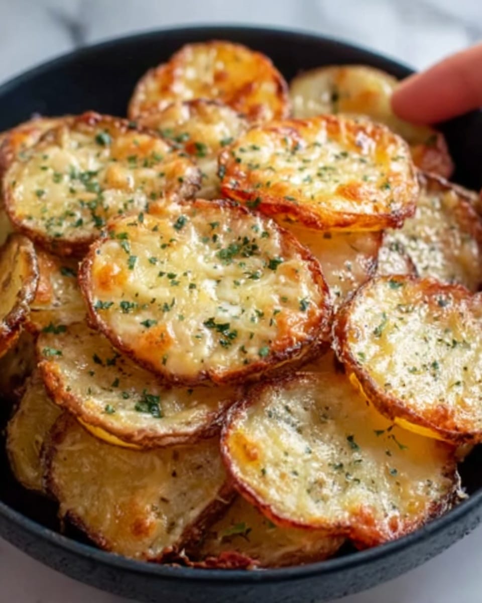 A black round plate filled with several golden-brown baked potato slices, each topped with melted cheese that has browned spots and sprinkled green herbs. The potato slices have a crispy edge with a soft, creamy center visible under the cheese layer. The plate sits on a white marbled surface, making the warm colors of the dish stand out clearly. Photo taken with an iphone --ar 4:5 --v 7