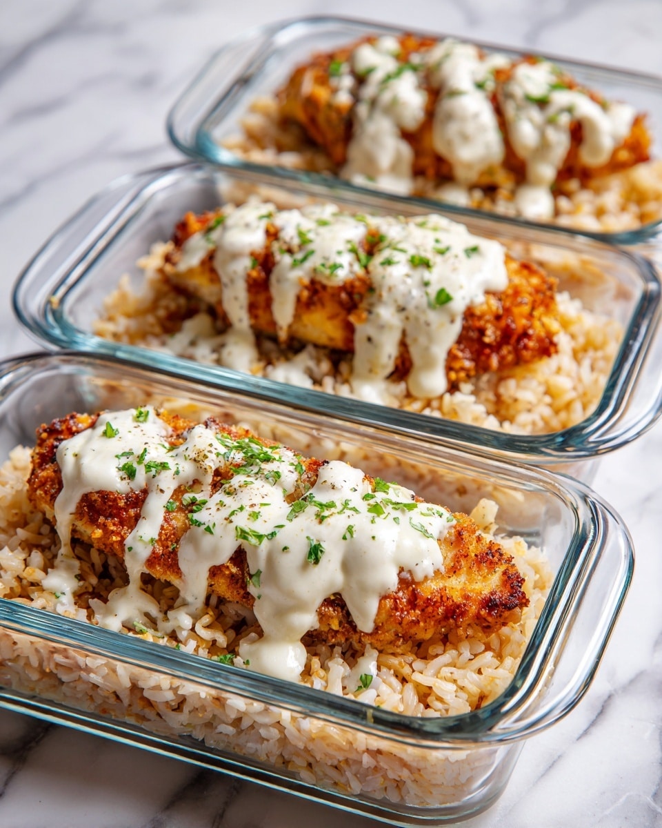 Three clear glass rectangular containers, each with two layers. The bottom layer is light brown rice with fluffy texture, filling the whole container. On top, a piece of golden-brown fried chicken breast with crispy edges, covering most of the rice. The chicken is spread with creamy white sauce dripping slightly down the sides. Small sprinkled green herbs are on the sauce, adding a touch of color. All containers are placed in a line on a white marbled surface. photo taken with an iphone --ar 4:5 --v 7