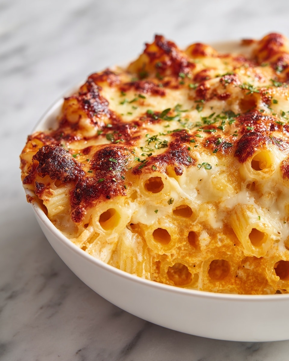 The image shows a close-up view of a white bowl filled with three layers of creamy macaroni and cheese. The top layer is a rich golden-brown mix of melted cheese with visible browned spots and small green herbs sprinkled all around, adding a touch of color. The middle layer reveals softened, tubular pasta coated thickly with cheesy sauce of deep orange shade, looking smooth and gooey. The bottom layer has slightly darker pasta promising well-cooked texture. The bowl rests on a white marbled surface, enhancing the colors of this comforting meal. photo taken with an iphone --ar 4:5 --v 7