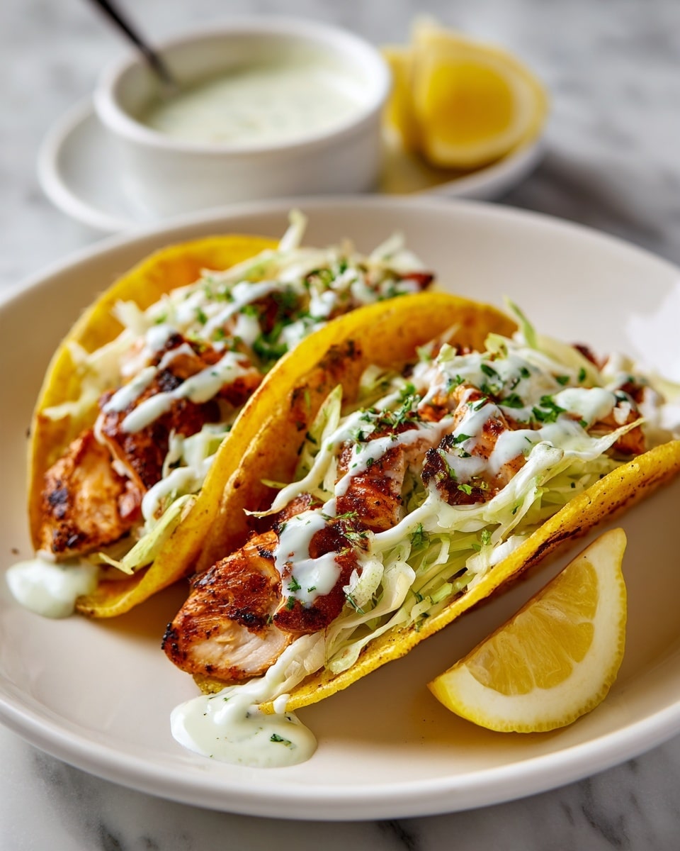 Two tacos sit on a white plate with crispy golden-yellow taco shells that have a textured, slightly charred edge. Inside each shell, there is a layer of browned, grilled chicken pieces with a slightly rough texture, topped with shredded pale green cabbage. Drizzled over the top is a creamy white sauce with green herbs mixed in, adding a smooth, slightly thick texture. In the background, a lemon wedge and a white bowl filled with the same creamy green-speckled sauce are visible, all set on a white marbled textured surface. Photo taken with an iphone --ar 4:5 --v 7