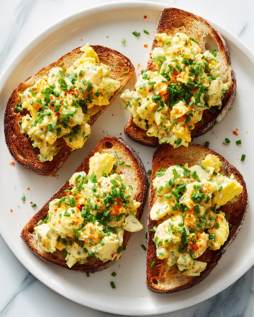 Four slices of toasted bread are arranged on a white plate, each topped with creamy egg salad mixed with herbs. The egg salad is pale yellow with small green bits of chives and orange bits of carrots mixed in. Each piece has a soft, slightly chunky texture on top, resting on the warm golden-brown toasted bread that shows a crunchy texture on the edges and a soft center. The plate is placed on a white marbled surface. Photo taken with an iphone --ar 4:5 --v 7