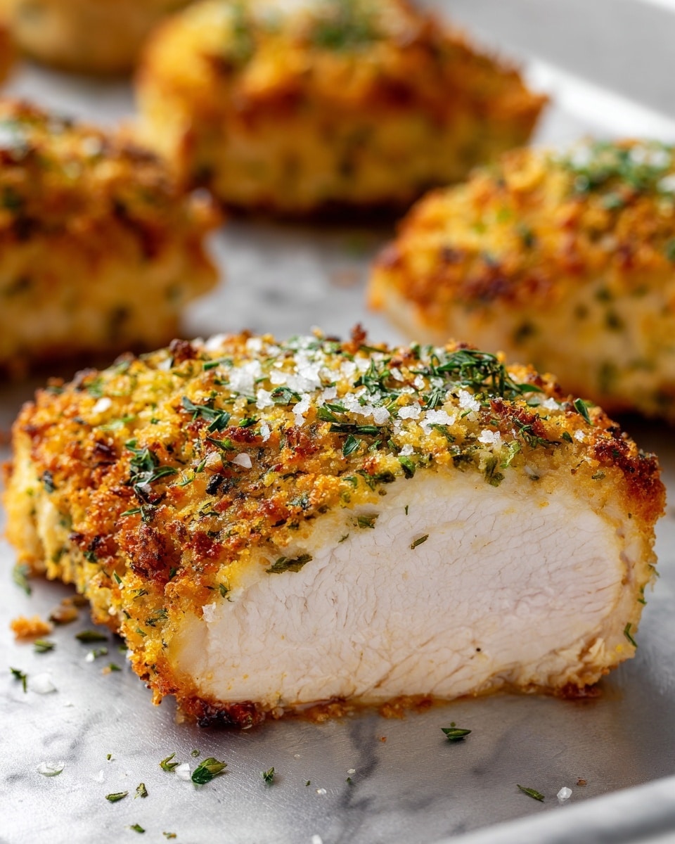The image shows a close-up view of a piece of baked chicken breast covered with a crispy, golden-brown herb and breadcrumb crust. The top layer is textured with finely chopped green herbs and coarse salt flakes scattered over the surface, adding a fresh and crunchy look. The middle layer reveals tender, juicy white chicken meat peeking through the crust, which has a slightly browned, crunchy edge. In the blurred background, more similarly crusted chicken pieces are visible on a baking tray. The whole scene is set on a white marbled texture. photo taken with an iphone --ar 4:5 --v 7