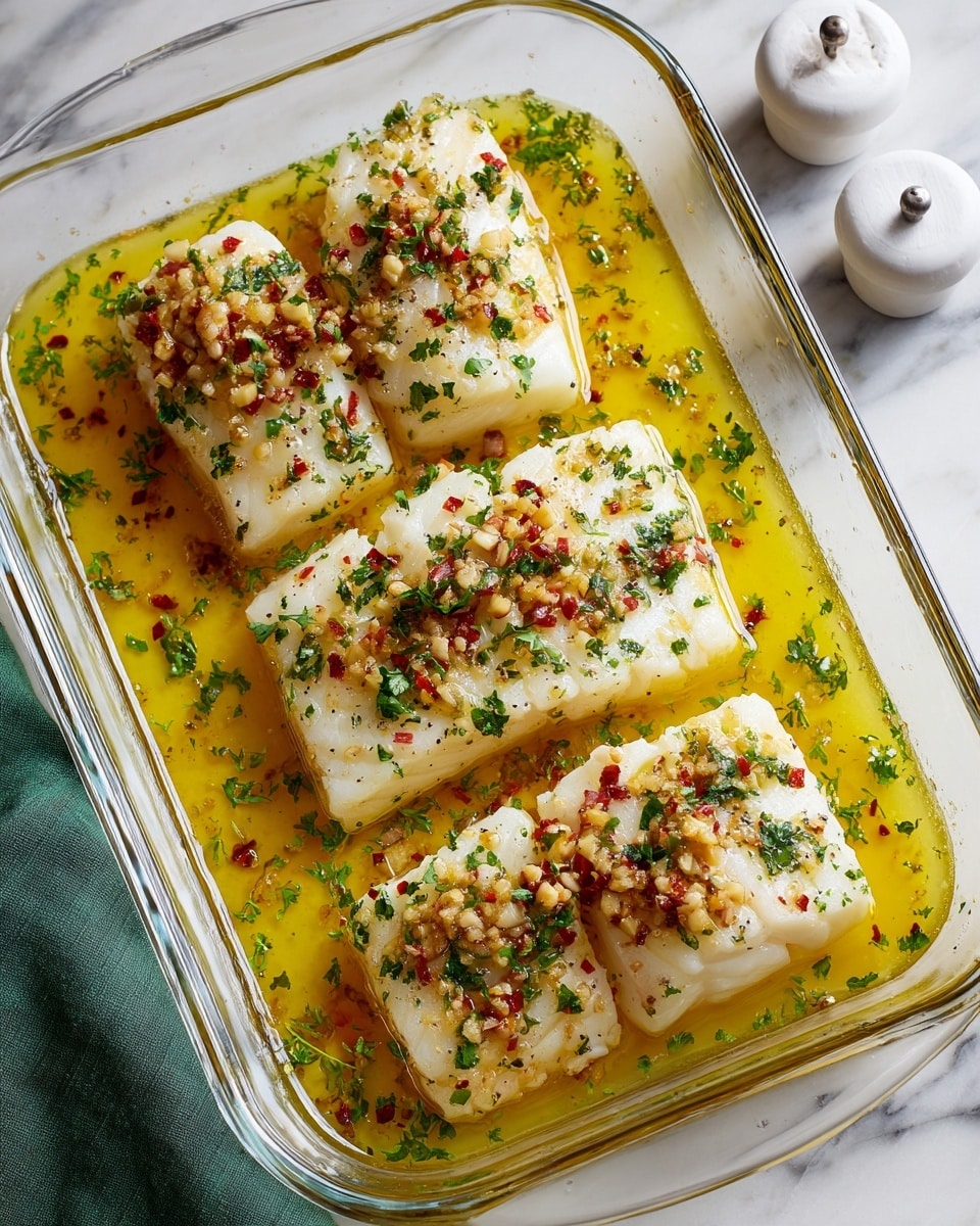 The image shows four pieces of white fish fillets in a clear rectangular glass dish filled with a yellow buttery sauce. Each fish piece is topped with finely chopped green herbs, small bits of garlic, and red chili flakes. The sauce around them is shiny and smooth, with some green herb pieces scattered in it. The dish is placed on a white marbled surface, next to a white salt shaker and some green leafy herbs. A light blue cloth is partially visible on the left side. photo taken with an iphone --ar 4:5 --v 7