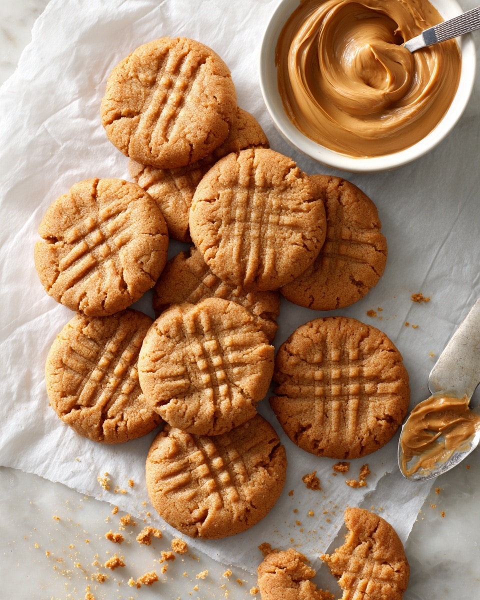 The image shows a group of round peanut butter cookies with a crisscross pattern on top, arranged closely together on a piece of white parchment paper over a white marbled surface. The cookies are golden brown with a slightly textured surface. In the upper right corner, there is an open small white bowl filled with smooth, creamy peanut butter swirled into a small peak. Next to the bowl, a silver measuring spoon lies on the parchment paper. Some cookie crumbs are scattered on the white marbled surface around the cookies. Photo taken with an iphone --ar 4:5 --v 7