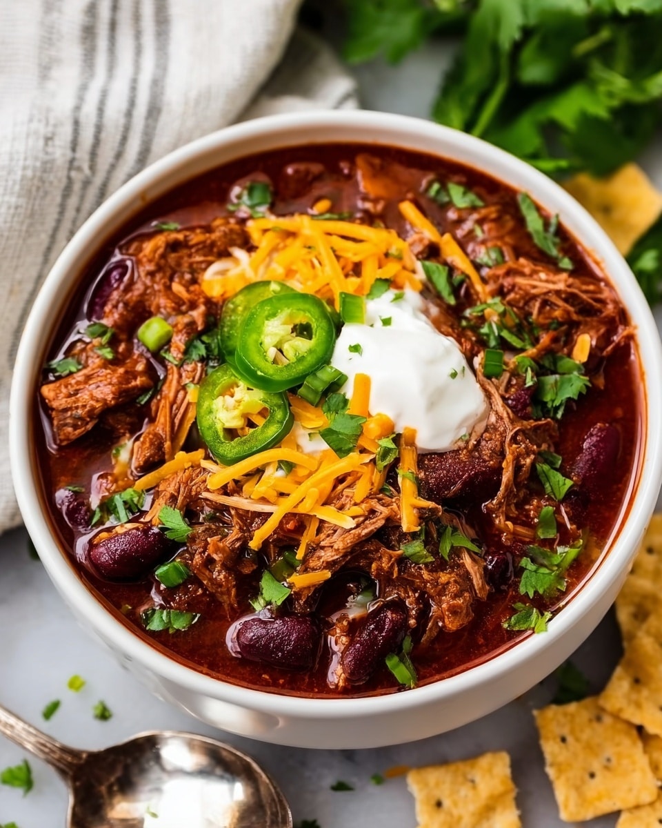A white bowl filled with rich brown chili, showing chunks of shredded meat and dark red kidney beans evenly mixed throughout. On top, there is a portion of smooth white sour cream placed in the center. Around the sour cream, thin orange shredded cheddar cheese is scattered, along with slices of green jalapeño and small green onion pieces. Crushed light tan tortilla chips add texture, and fresh green cilantro leaves are seen around the bowl on a white marbled surface next to a striped cloth and silver spoon. Photo taken with an iphone --ar 4:5 --v 7
