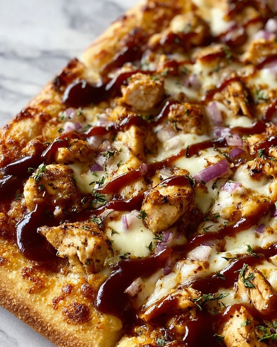 The image shows a close-up view of a square-cut pizza with three visible layers. The bottom layer is a thick, brown, crispy crust. The middle layer is melted white cheese covering the crust evenly. The top layer has large chunks of grilled chicken with a light brown and slightly charred texture, scattered pieces of purple onion, small green herb bits, and drizzles of dark brown barbecue sauce spread across the pizza. The pizza rests on a white marbled background. photo taken with an iphone --ar 4:5 --v 7