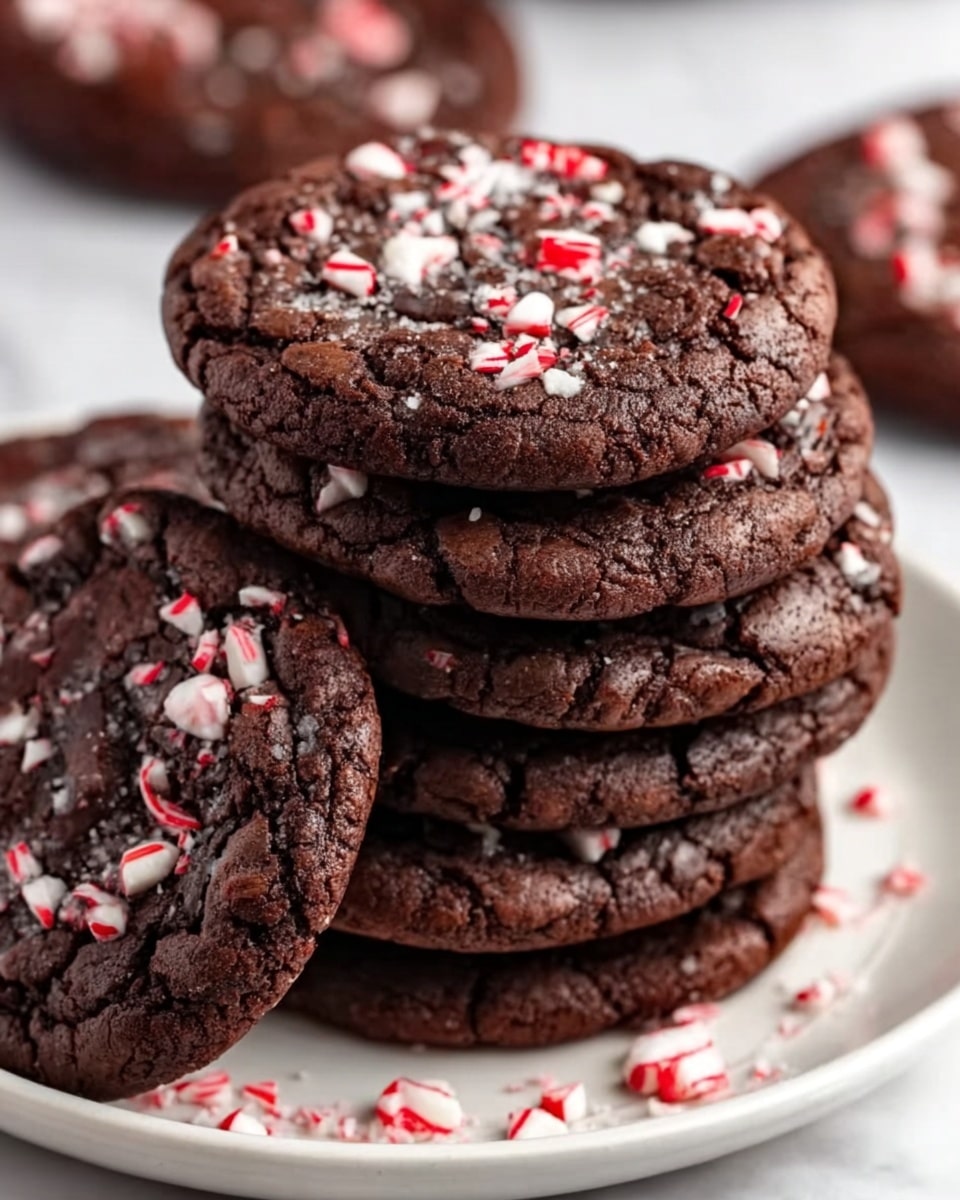 A stack of seven round chocolate cookies sits on a white plate, each cookie dark brown and cracked on the surface, showing a rich, soft texture underneath. The cookies are topped with small pieces of crushed red and white peppermint candy, scattered unevenly to add color and crunch. The plate is placed on a white marbled surface, and part of another plate with more cookies is visible in the blurry background. photo taken with an iphone --ar 4:5 --v 7