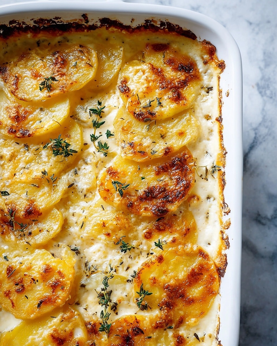 A white rectangular dish filled with a creamy potato gratin, showing thinly sliced potato layers arranged in rows, each golden yellow slice topped with bubbly, browned melted cheese with crisp spots. The creamy sauce around the potatoes is white and smooth, slightly thick, with small specks of black pepper and sprigs of green herbs scattered on top. The edges of the potatoes have a slightly caramelized, crispy texture, contrasting with the soft creamy sauce. The dish rests on a white marbled surface with a deep blue cloth partially visible in the background. Photo taken with an iphone --ar 4:5 --v 7