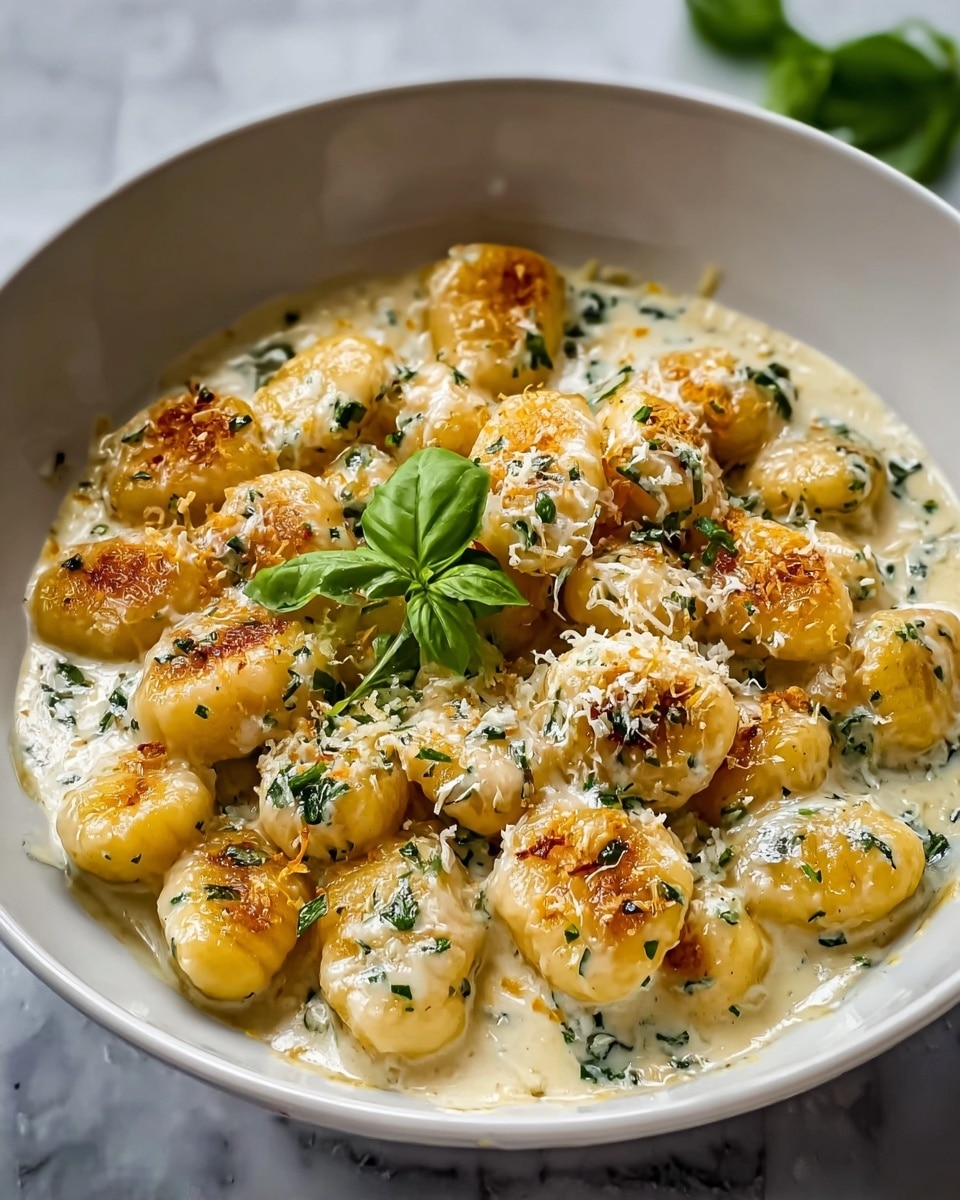The image shows a bowl of creamy gnocchi with about three layers of small, golden-brown gnocchi pieces, each covered in a thick, white creamy sauce with specks of green herbs spread throughout. The gnocchi are lightly browned on top, giving a crispy texture. Garnished with finely chopped green herbs and a small fresh basil leaf placed in the center, the dish looks rich and savory. The bowl is white, set on a white marbled surface. photo taken with an iphone --ar 4:5 --v 7