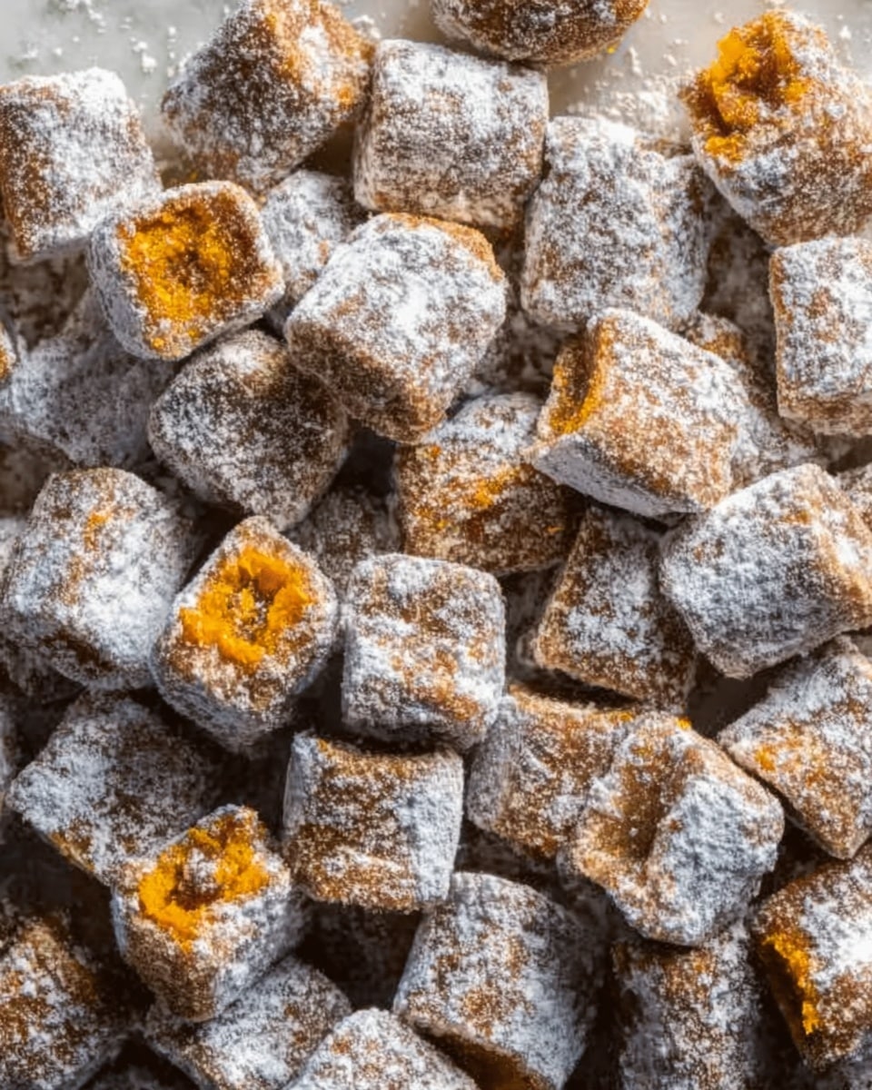 The image shows a close-up of many small, cube-shaped pieces of food with a rough texture, all covered in white powder. Some cubes have an orange inside that looks soft and smooth. The cubes are piled together, filling the frame, with the white powder dusted unevenly over their brownish outer surface. The background is a white marbled texture. photo taken with an iphone --ar 4:5 --v 7