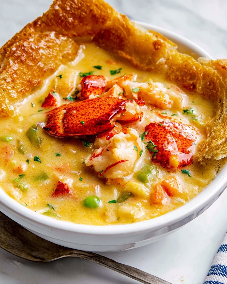 This dish shows a white bowl filled with a rich, creamy yellow seafood chowder topped with bright red lobster claw pieces and chunks of white seafood. The chowder is thick and smooth, overflowing slightly down the sides of the bowl. Small green parsley bits are scattered on top, adding a fresh contrast. The edges of the bowl are framed with soft, golden-brown baked bread that acts like a crust. The bowl sits on a white marbled surface. photo taken with an iphone --ar 4:5 --v 7