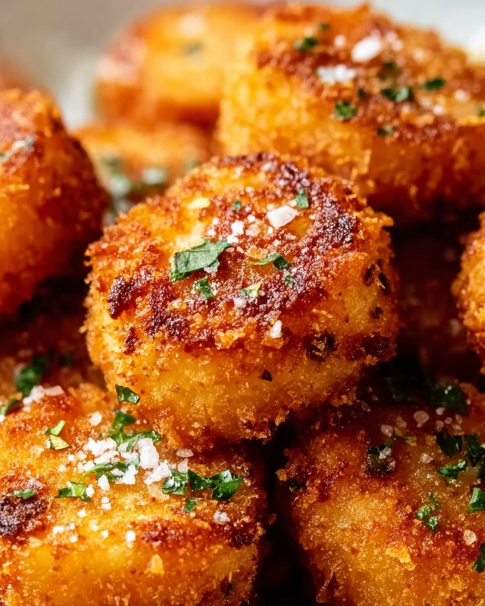 The image shows several round, golden-brown fried bites, each with a crispy, textured outer layer. The surface is sprinkled with coarse white salt and small green herb pieces, adding color contrast to the warm orange tones of the crispy coating. The bites look crunchy and are stacked closely together on a white marbled texture surface, creating a warm and inviting presentation. Photo taken with an iphone --ar 4:5 --v 7