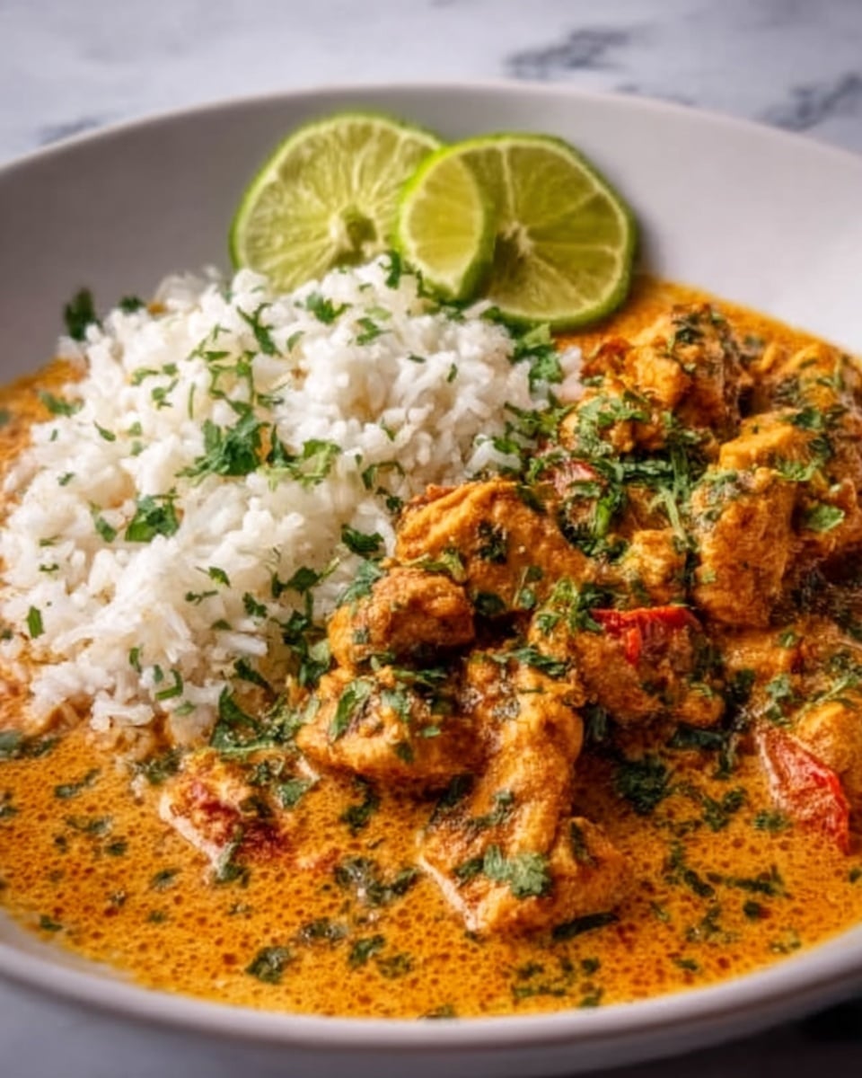 The image shows a white plate placed on a white marbled surface, filled with three main layers: on one side, there is a bed of fluffy white rice with distinct grains; next to it, a vibrant creamy orange curry sauce with chunks of tender chicken scattered throughout, each piece coated evenly with the sauce; sprinkled across the dish are fresh green herbs adding a pop of color. Atop the rice, two slices of lime are neatly placed, adding a bright touch. The texture of the curry appears smooth and rich, contrasting with the soft rice. Photo taken with an iphone --ar 4:5 --v 7